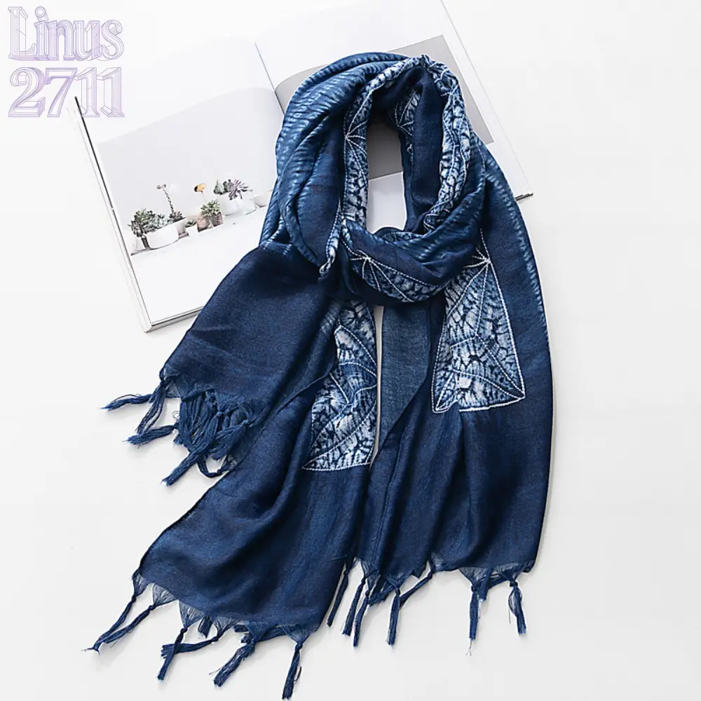 Indigo Batik Tie Dye Cotton Blend Scarf Ethnic Tassel Thin Shawl Bohemian Geometric Print Travel Sun Protection Cape Handmade Artistic Souvenir Gift For Women
