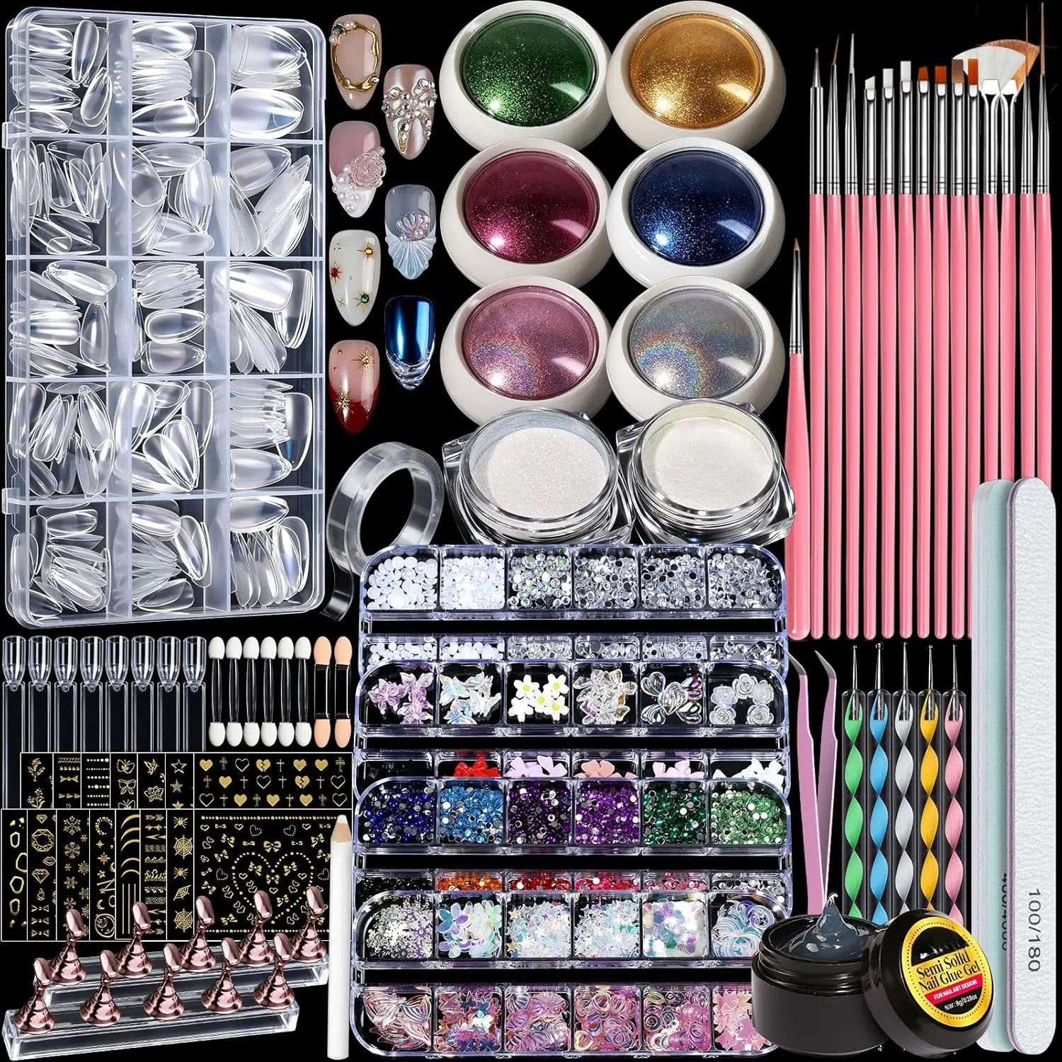 Beginner Acrylic Kit with Chrome Powder, Almond Tips, Art Brushes, Charms, 3D Gel, Tools, Stand & Nail Supplies - DIY Nail Art Set