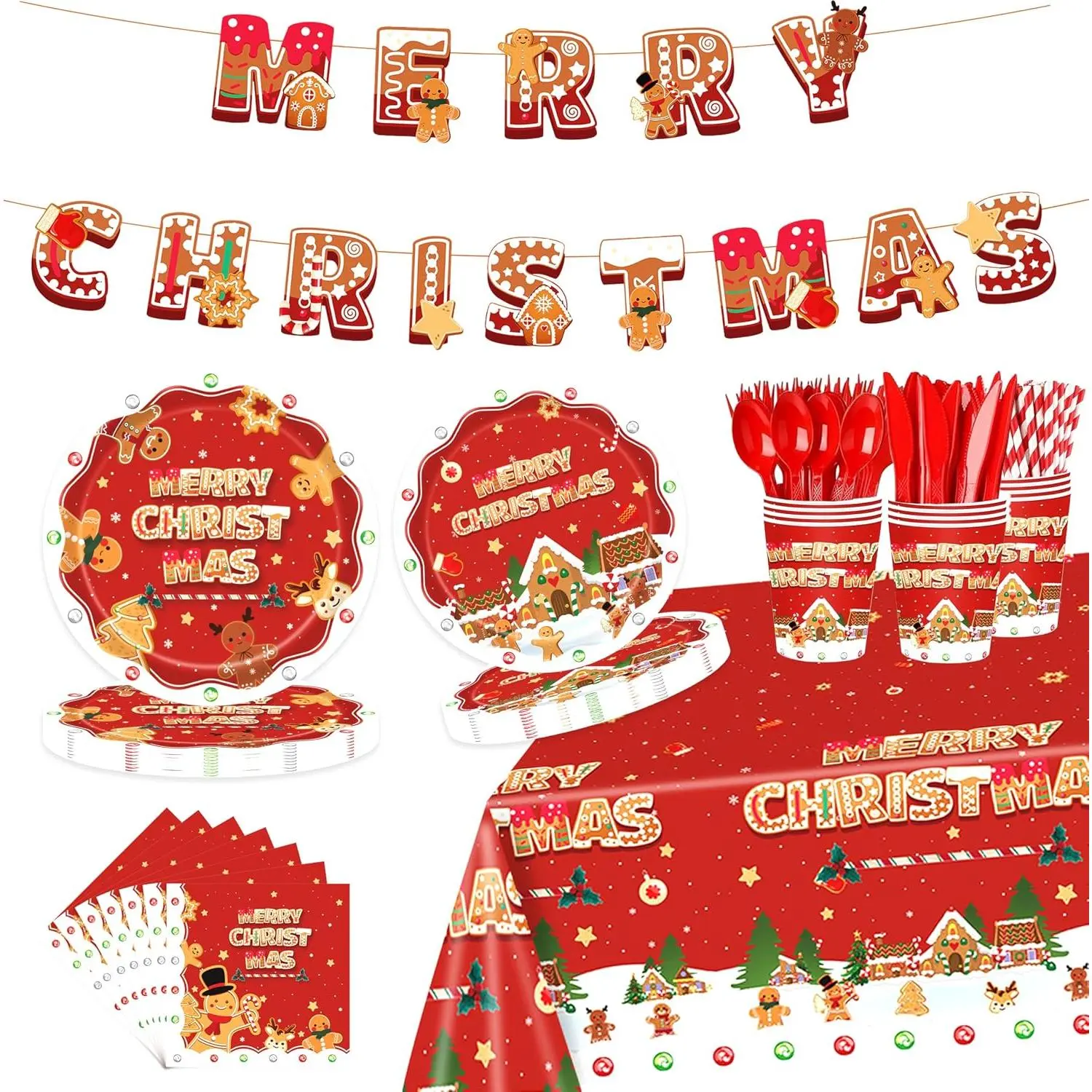 Christmas Party Supplies – 194 count Xmas Party Decorations for 24 Guests, Includes Plates, Cups, Napkins, Cutlery, Banner, Straws & Tablecloth,  Party Plates Set