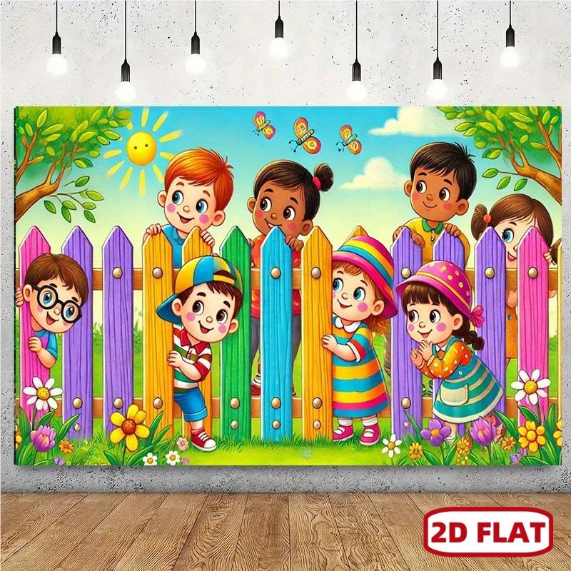 1pc Vibrant Playground Scene Backdrop, 8x6ft Polyester Wall Banner - Colorful Fence, Sun, Flowers, and Happy Faces, Perfect for Home Decor, Parties, Studios, and Outdoor Celebrations, Party Backdrop | Playful