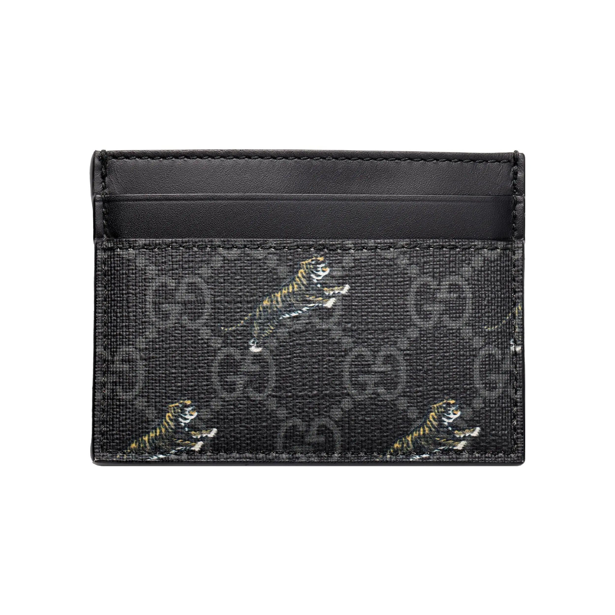 Gucci Monogram Tiger Print Canvas and Leather Card Holder for Men in Black and Gray