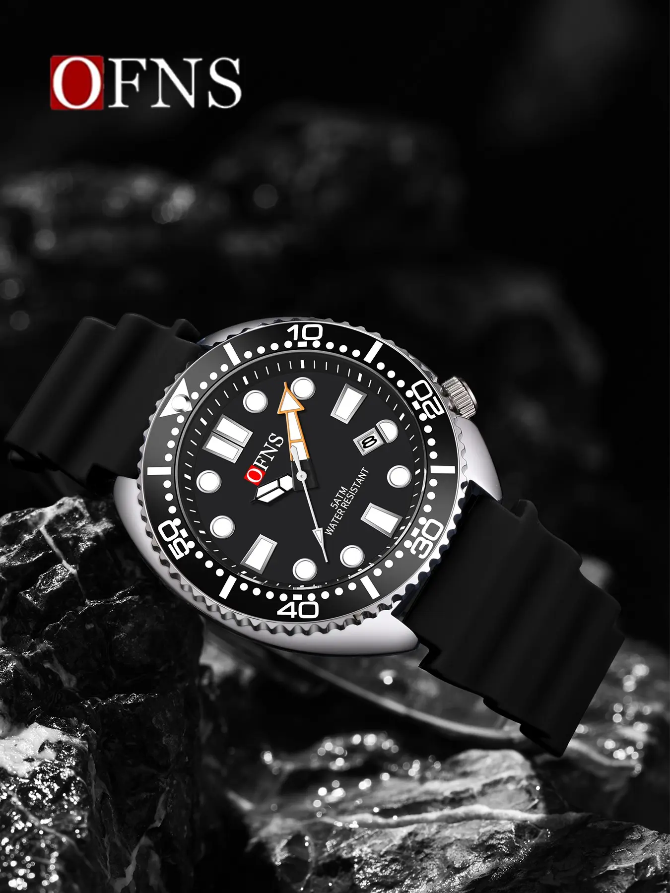 OFNS‑8033 Men's Water Ghost Diving Quartz Watch, One‑Way Rotating Bezel, 50M Waterproof Luminous Calendar Watch, Mineral Tempered Glass, Skin‑Friendly Rubber Strap, Trendy Business Outdoor Men's Watch, And Various Color Schemes Are Available.
