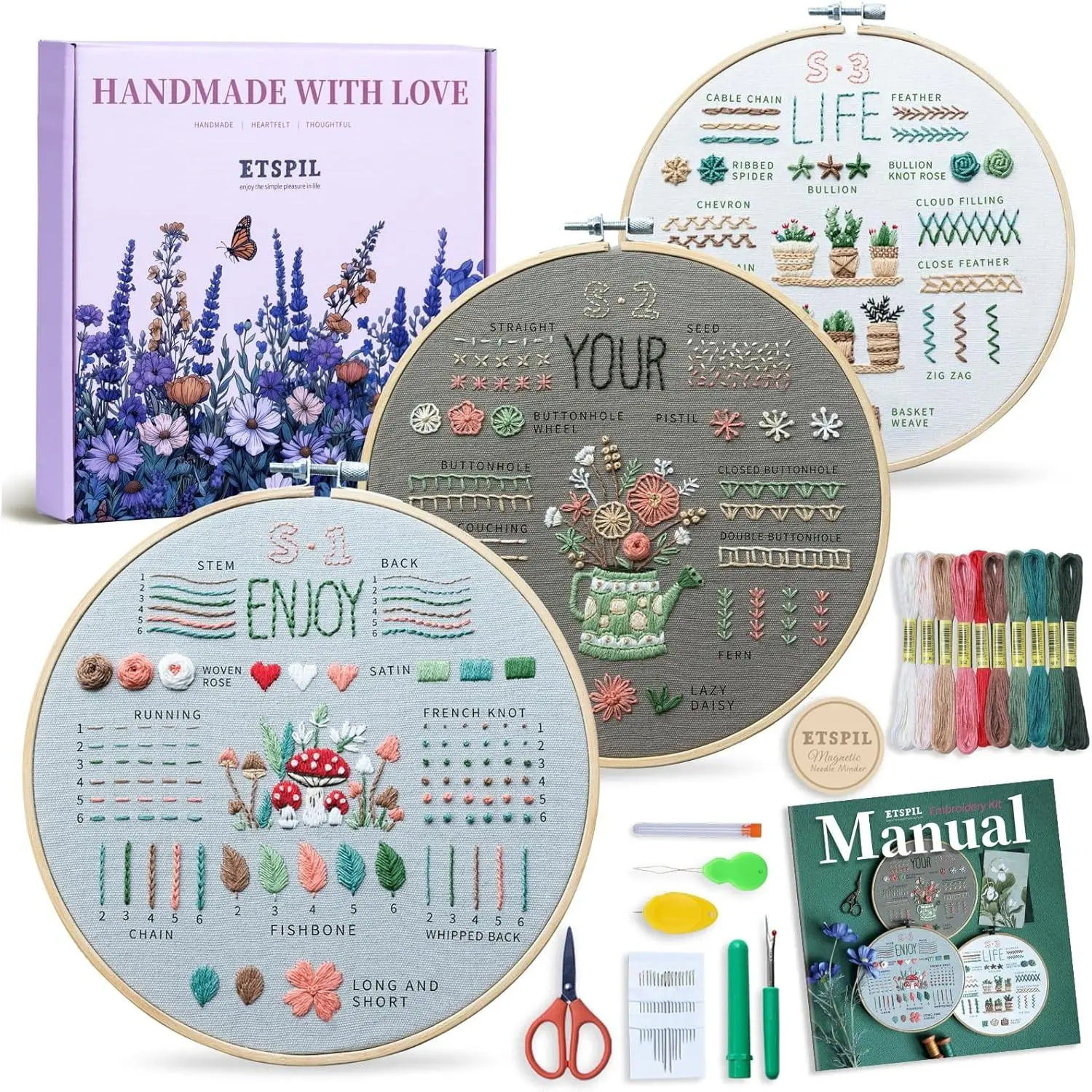 Embroidery Kit for Beginners, Magnetic Needle Minder & 4K Video Tutorials, Pre-Printed Floral Patterns, Bound Guide, Relaxing Screen-Free Craft for Women at Home