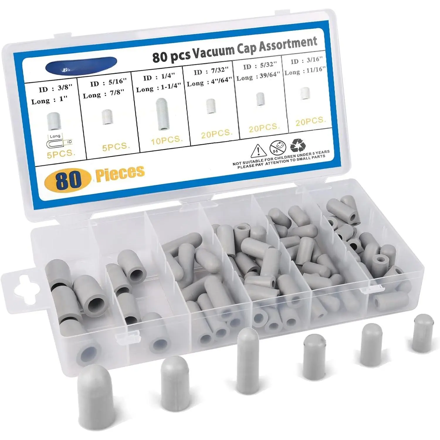 80 count Vacuum Cap , Rubber, Dropper ID from 5/32" to 3/8" Sizes, Hose Caps Kit for Carburetor, Manifold (Gray)