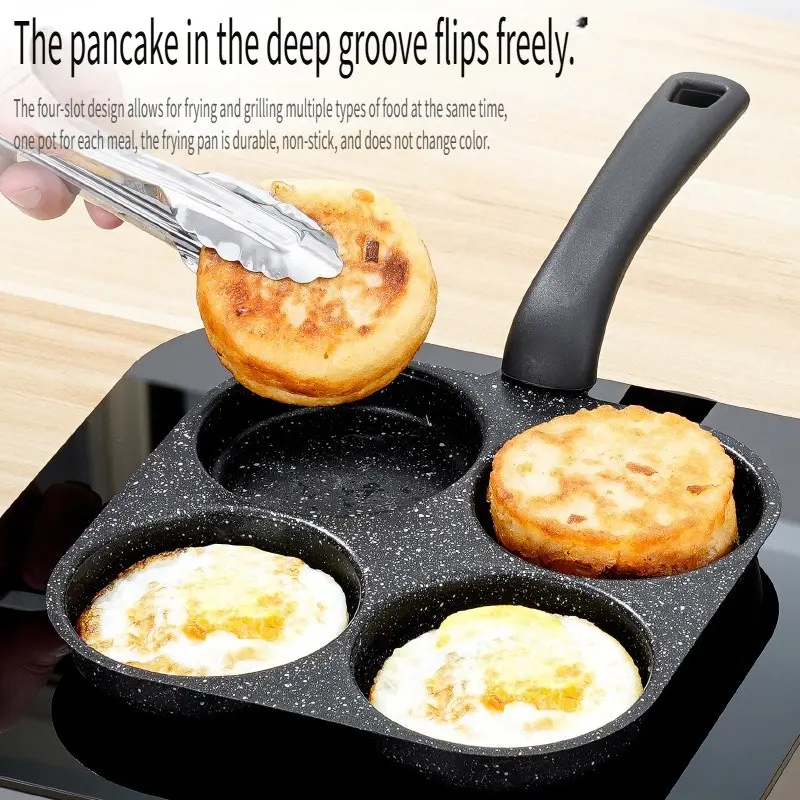 Versatile 4-Slot Non-Stick Frying Pan – Deep Groove Design, Flip Freely, Medical Stone Coating, Fast & Even Heating, Lightweight 1.53mm, Heat-Insulated Handle, Anti-Overflow, Works on All Stovetops – Perfect for Eggs, Meat & More