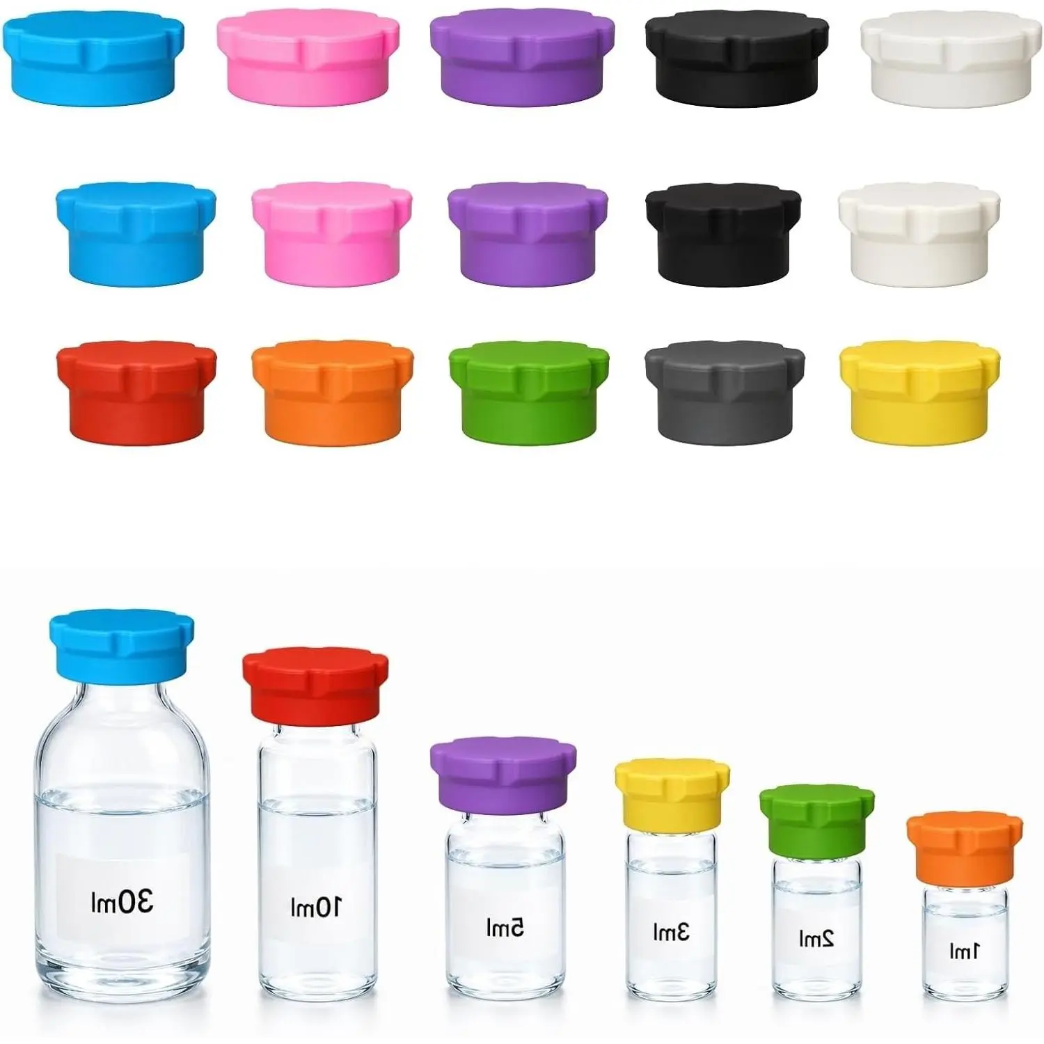 15 Pcs Silicone Peptide Vial Caps for 10ml & 30ml Vials, 5 Small 13.5mm + 10 Large 20.4mm Covers, 10 ColorsGift
