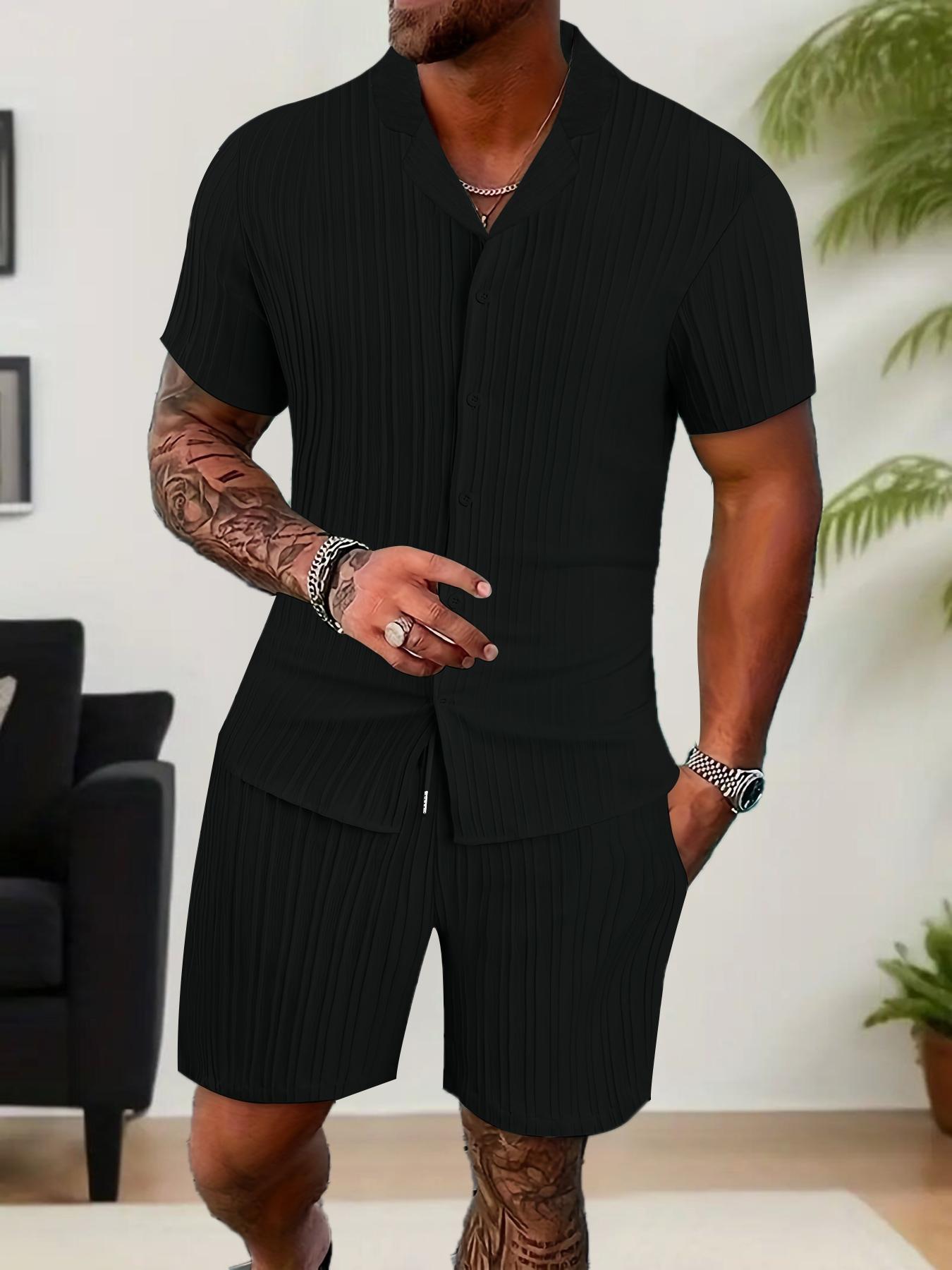 Men's Solid Short Sleeve Top & Shorts Set, Regular Fit Casual Top & Shorts, Men's Summer Clothes, Menswear, Tropical