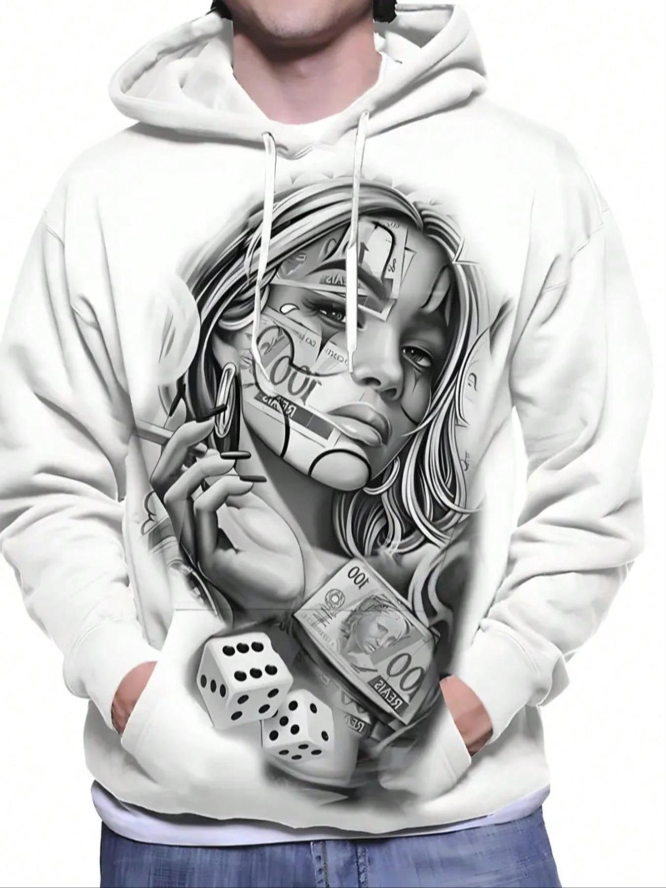 Men's Fashion Graphic Print Hoodie with Creative Girl 3D Print, Warm Pullover Sweatshirt with Pocket & Drawstring, Casual Long Sleeve Fitted Top