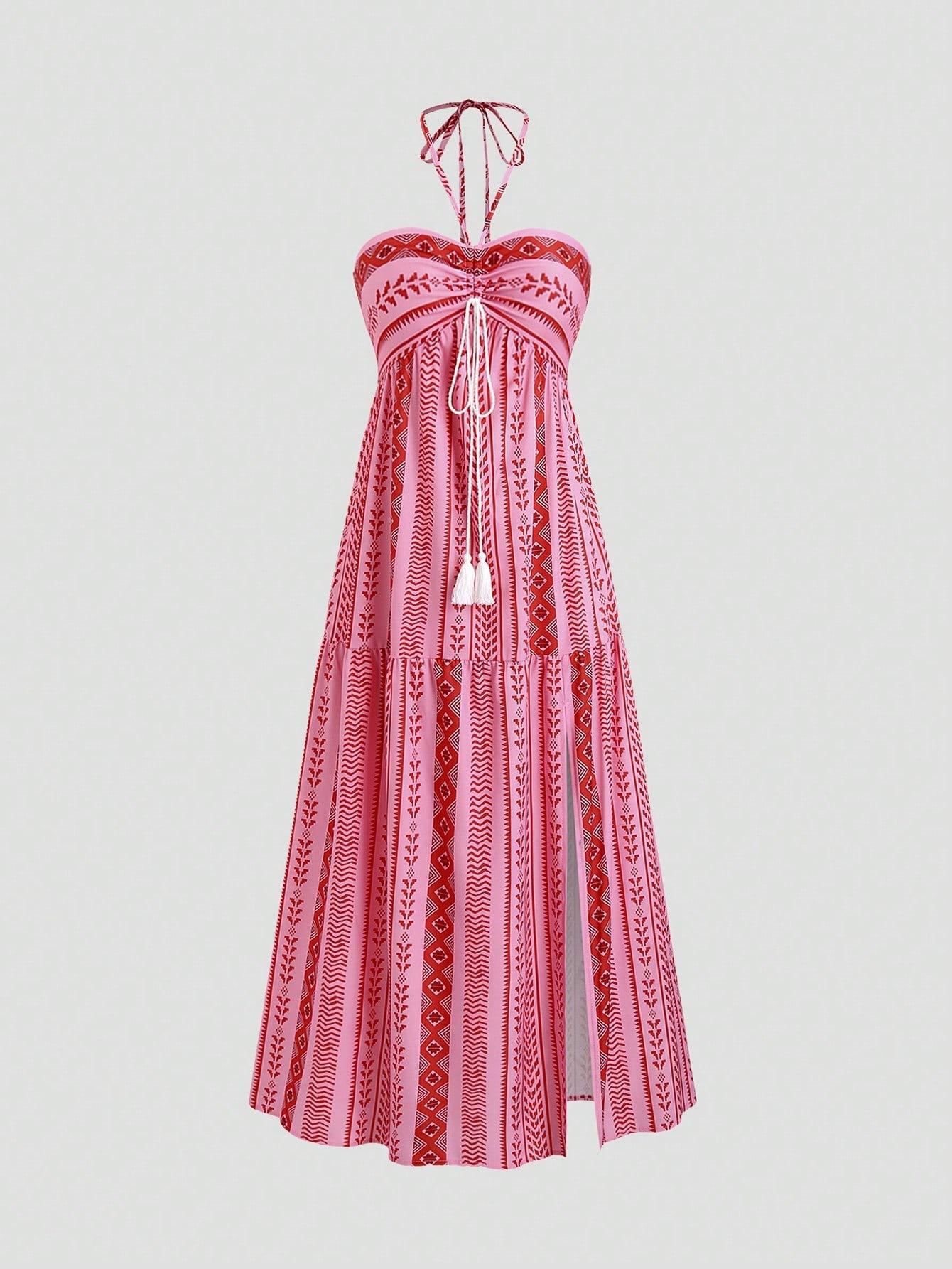 Women's Summer Blue and White Floral Dress Boho Backless Maxi Sundress Spaghetti Strap Flowy Dress Resort-style Summer Fashion Slit Sexy Printed Tie-neck Strapless Dress