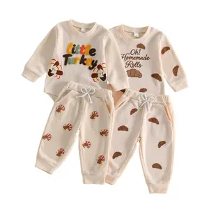 Infant Baby Boy Girl Thanksgiving Clothing Set Long Sleeve Waffle Knit Turkey/Rolls Embroidery Bodysuit and Pants Outfit 0-18 Months