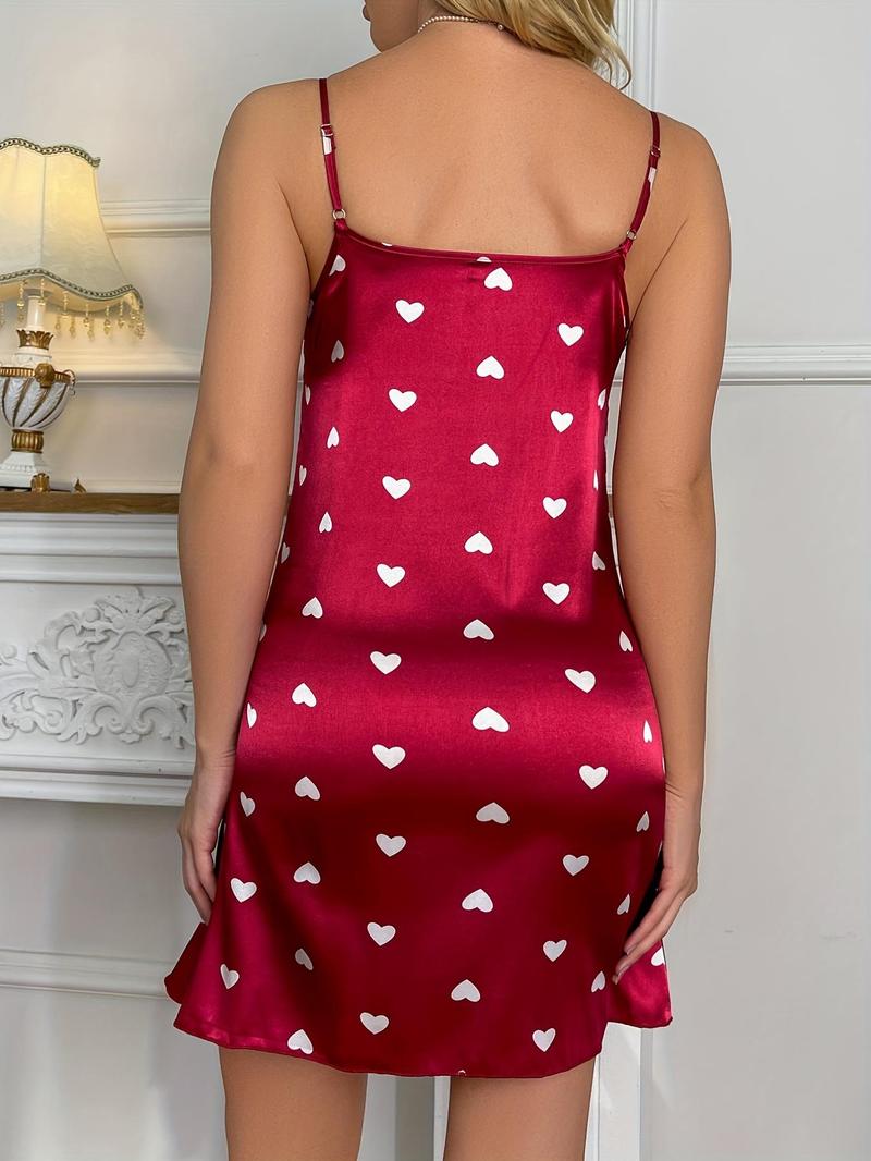 Women's Heart Print Adjustable Strap Satin Nightdress, Casual Sleeveless Cami Silk Nightgown for Daily Home Wear, Women's Sleepwear for Summer