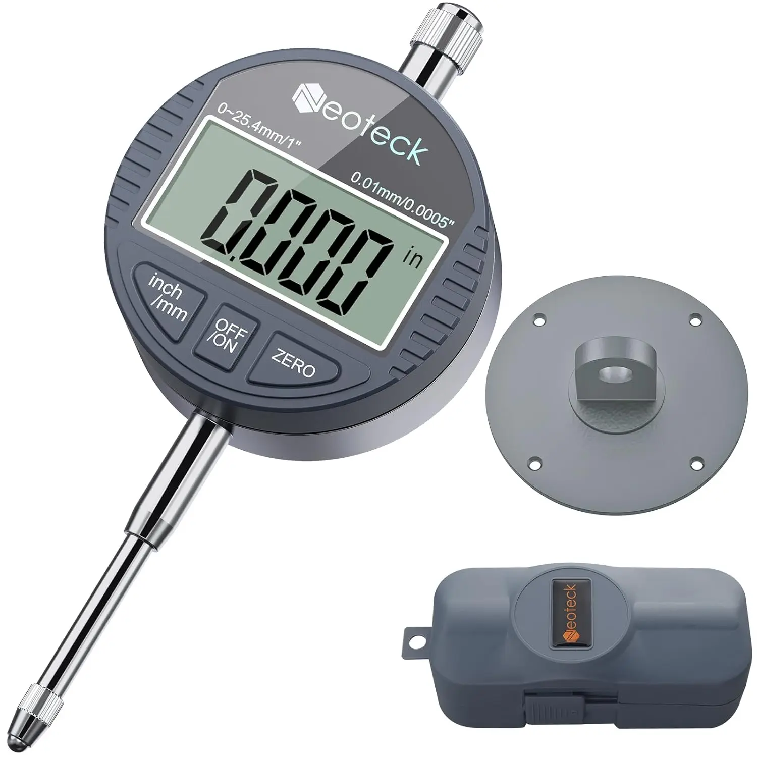 Neoteck DTI Electronic Digital Dial Indicator 1 inch/25.4 mm | Digital Probe Indicator Dial Test Gauge High Resolution: 0.0005 inch/0.01mm - Silver Gray