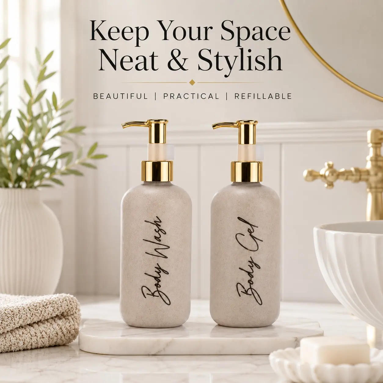 2 Pack 250ML Soap Dispenser Bottles, Wheat Straw Plastic Round Bottles, Lotion Pumps, Hand Wash, Lotion, Kitchen Sink