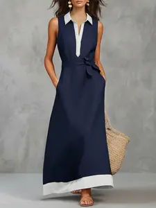 A-Line Loose Fit Colorblock Pocket Belted Zipper Collar Long Dress, Stylish Women's Fashion, Comfortable and Trendy Design