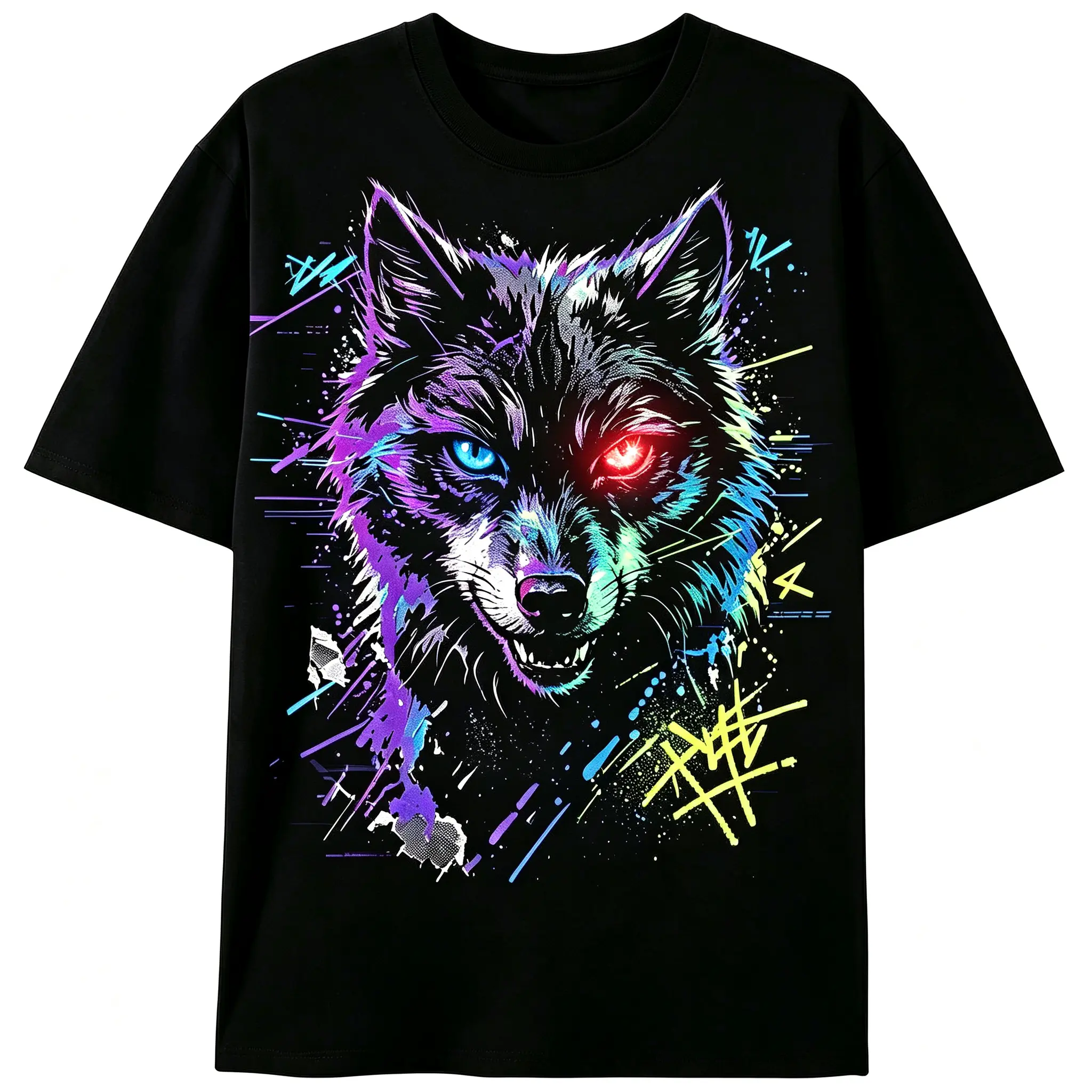 Neon Cyber Wolf T-Shirt, Glowing Eyes Colorful Graffiti Short Sleeve Tee, Animal Print Streetwear Top for Men