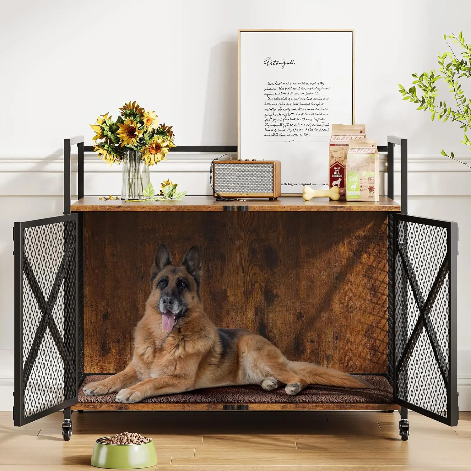 41 in Dog Crate Furniture, Heavy Duty Decorative   wooden  Dog Cage with Lockable 360° Wheels, Double Door Dog Kennel End Table for for Small Medium Large Dog, Rustic Brown