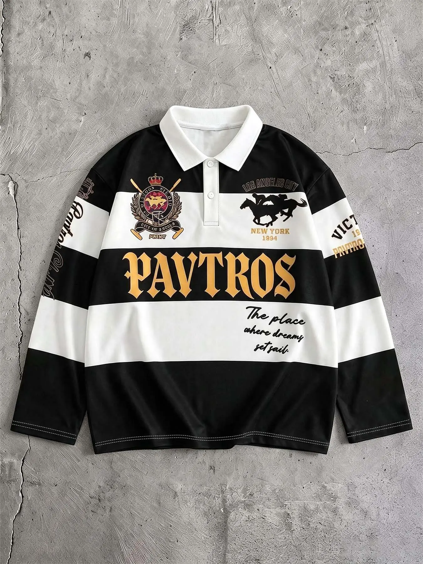 Men's black and white striped long-sleeved rugby polo shirt, retro badge horse print loose street style top, retro preppy collared T-shirt