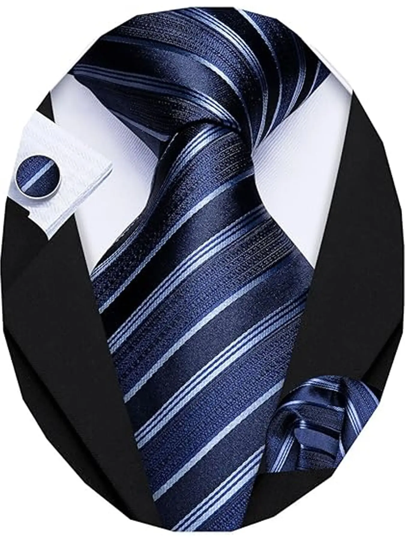 Classic Blue Men's Polyester Striped Tie Set, Hand-Tied Necktie with Pocket, Square Buttonholes, Business Party Gift, Elegant Style