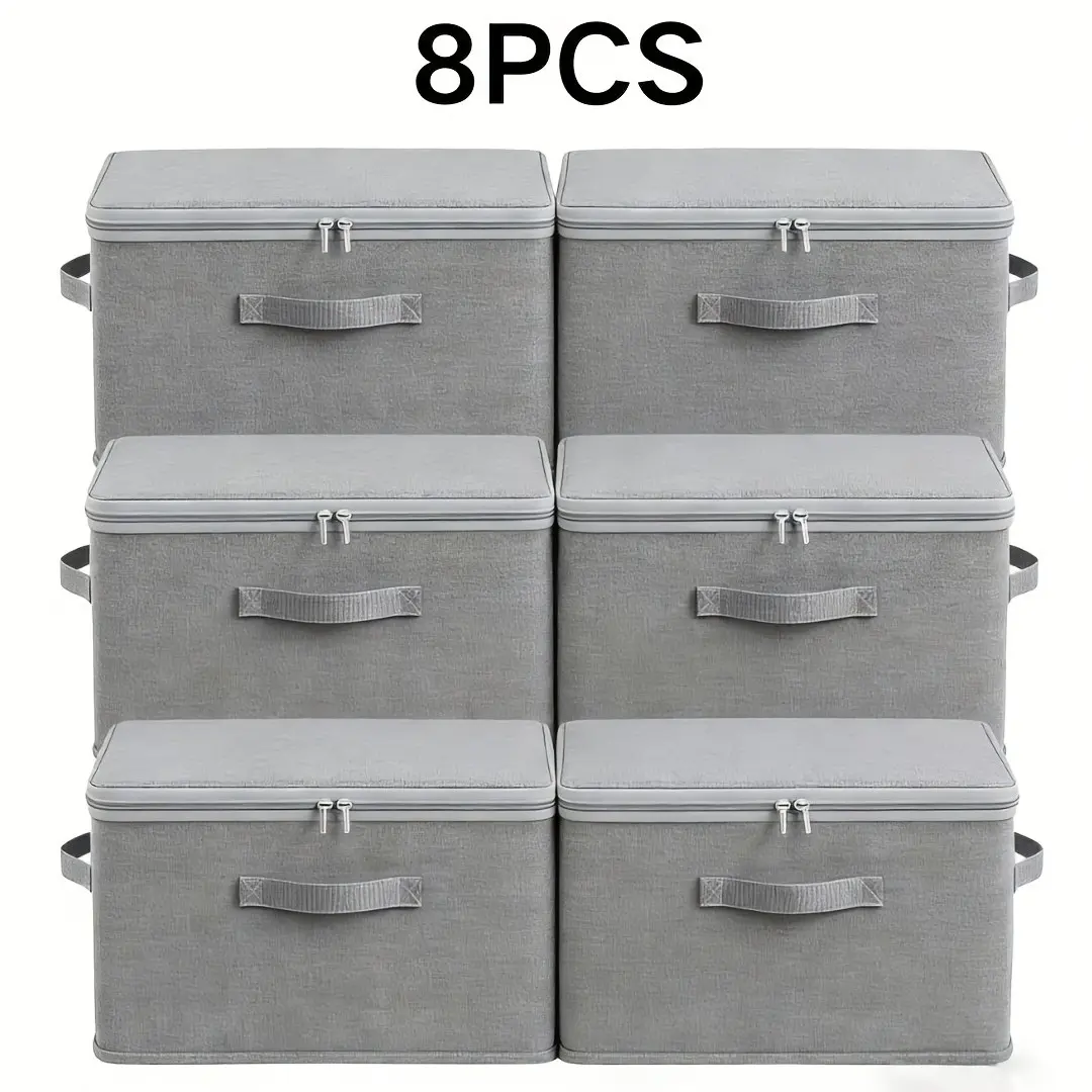 8/4pcs XXL Pack Jumbo Capacity Storage Boxes Foldable Closet Organizer Bins Fabric Clothes Bedding Blanket Storage Containers with Zipper Lid Double Handles for Home Bedroom Wardrobe Kitchen