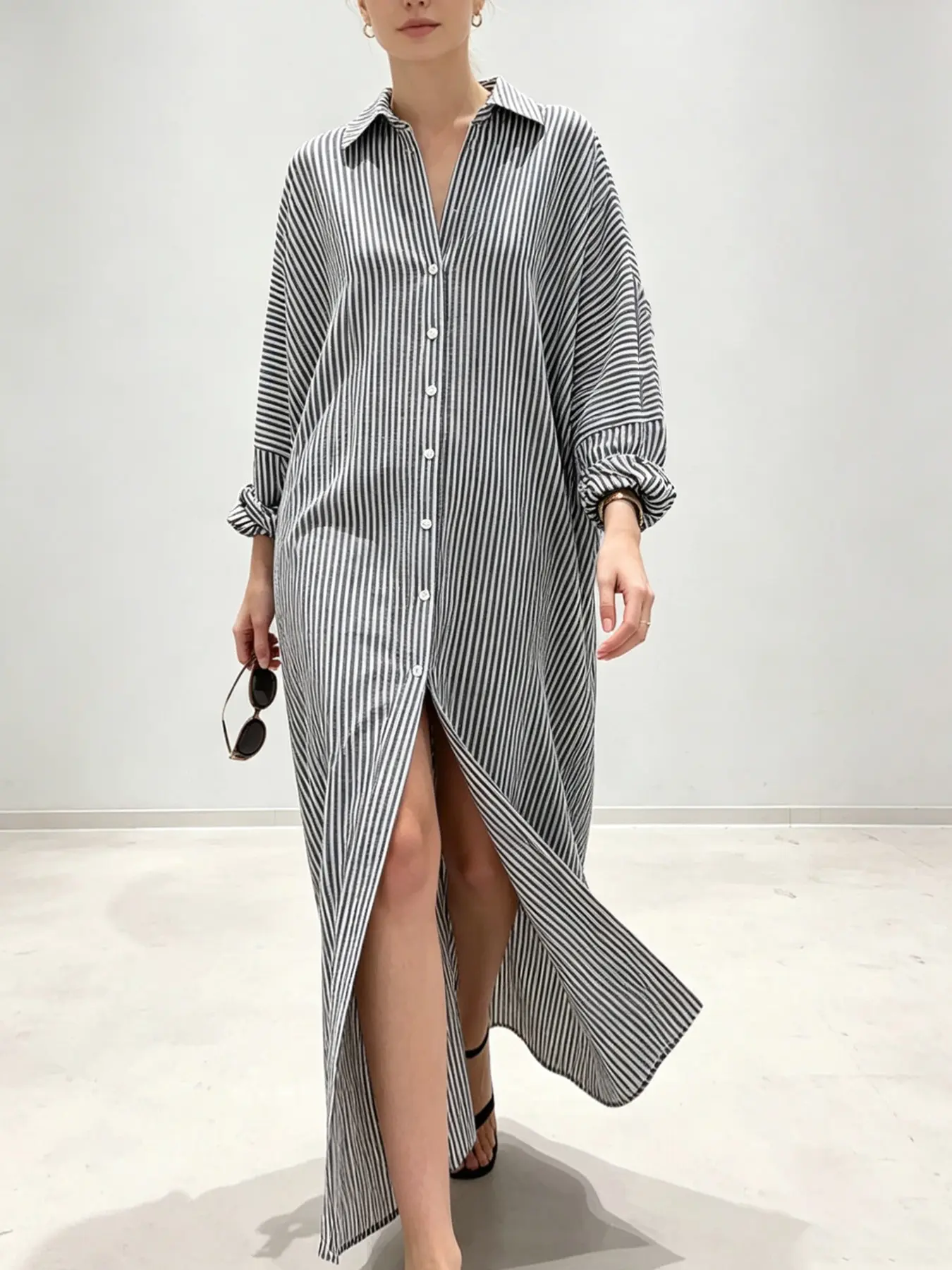 A fashionable and relaxed striped long loose dress for women, featuring a side slit, is casual and versatile, suitable for spring and summer, beach vacations, travel, shopping, dating, and everyday wear at home, Beach Holiday Dresses