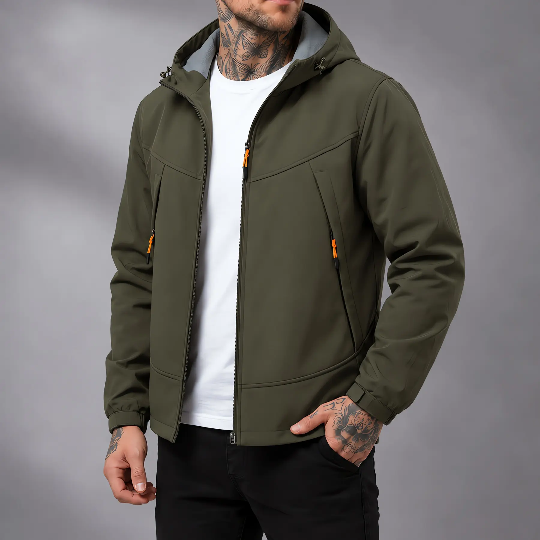 Men's Hooded Fleece Softshell Jacket - Menswear Casual Garment with Adjustable Cuffs, 2 Zip Pockets, Layer-Friendly Design for Outdoor Walks, Everyday Wear