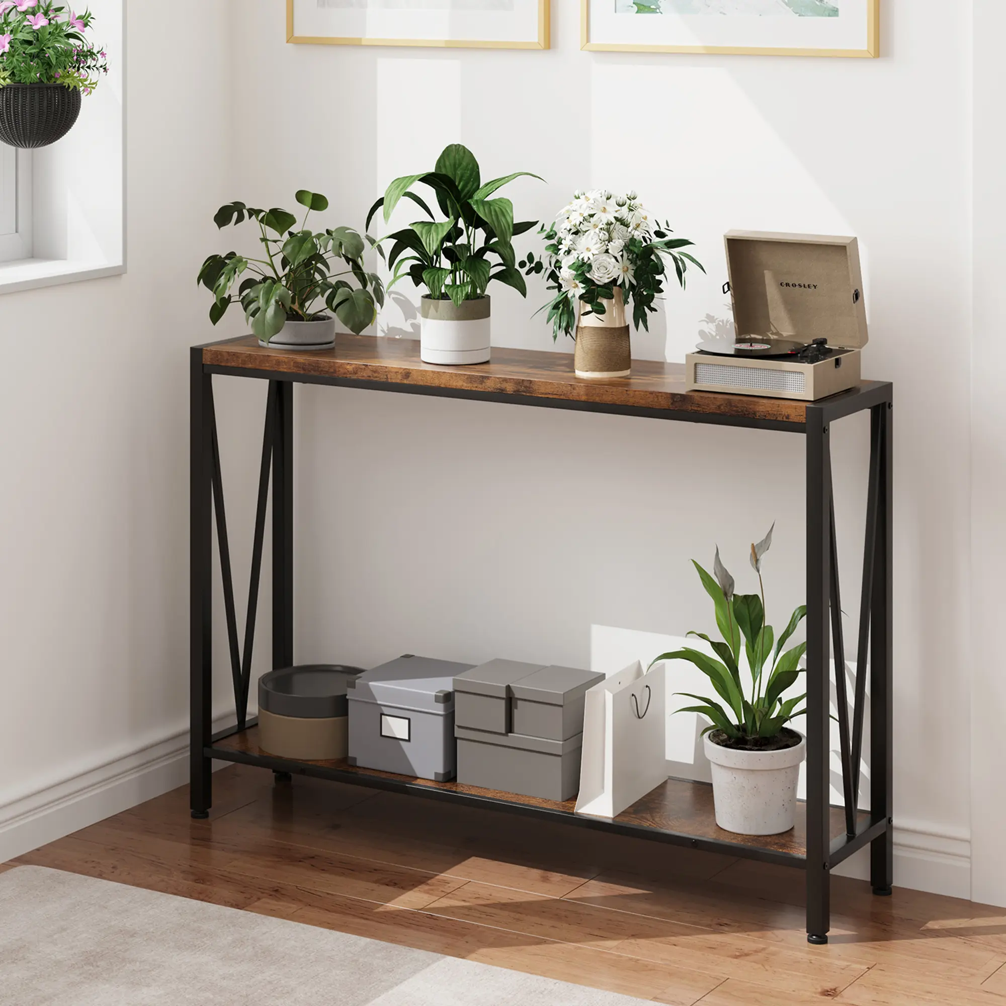 Industrial Console Table – 42.9" Skinny 2-Tier Sofa Table with Shelf, Narrow Entryway Storage, Metal Frame, Perfect for Living Room, Hallway, Foyer, Office