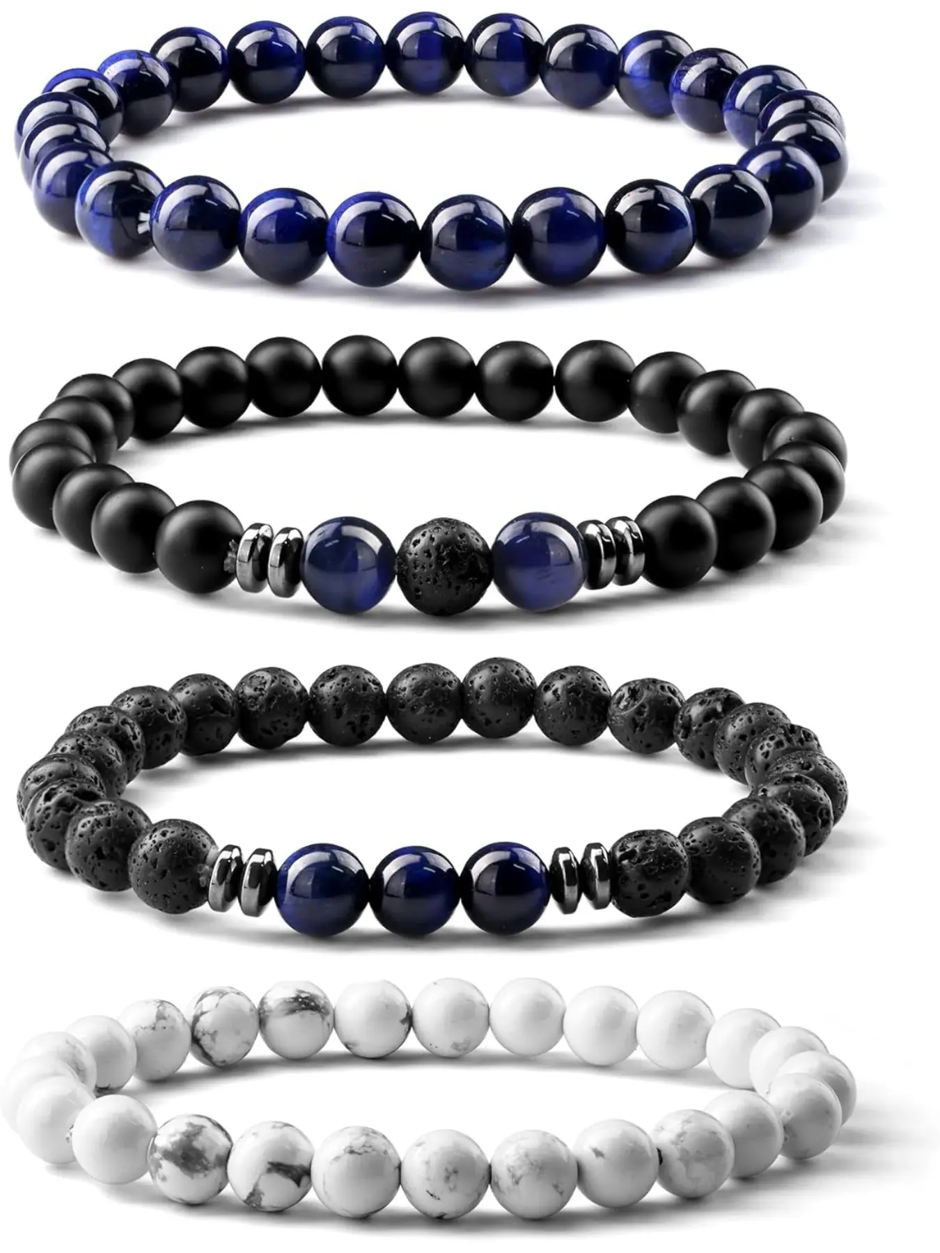 3-4 Pcs Mens Bracelets 8MM Natural Stone Beaded Bracelets Set Bracelet Stack Tiger Eye Bracelet for Men Adjustable Stretch Lava Rock Black Crystal Beaded Bracelets Father's Day Mens Jewellery Gifts