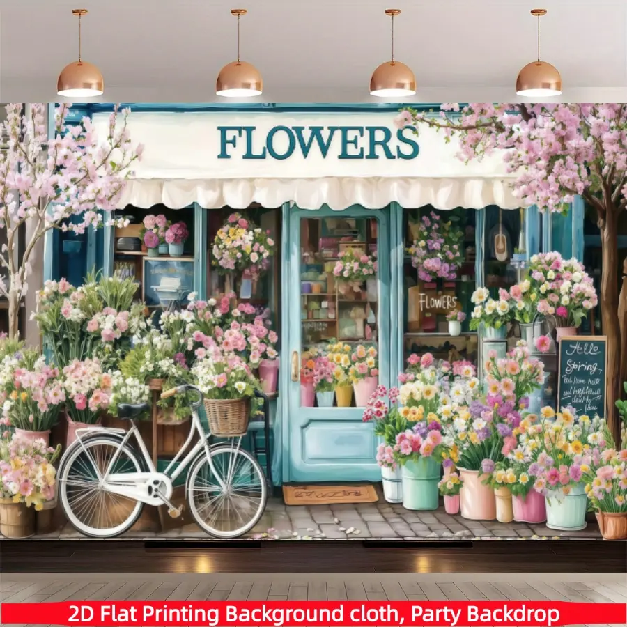 Spring flower shop background banner, vibrant spring scene, polyester fabric, suitable for room, terrace, studio, home and garden celebrations, photography background fabric, outdoor activity decoration, front porch, courtyard, garage and home decoration