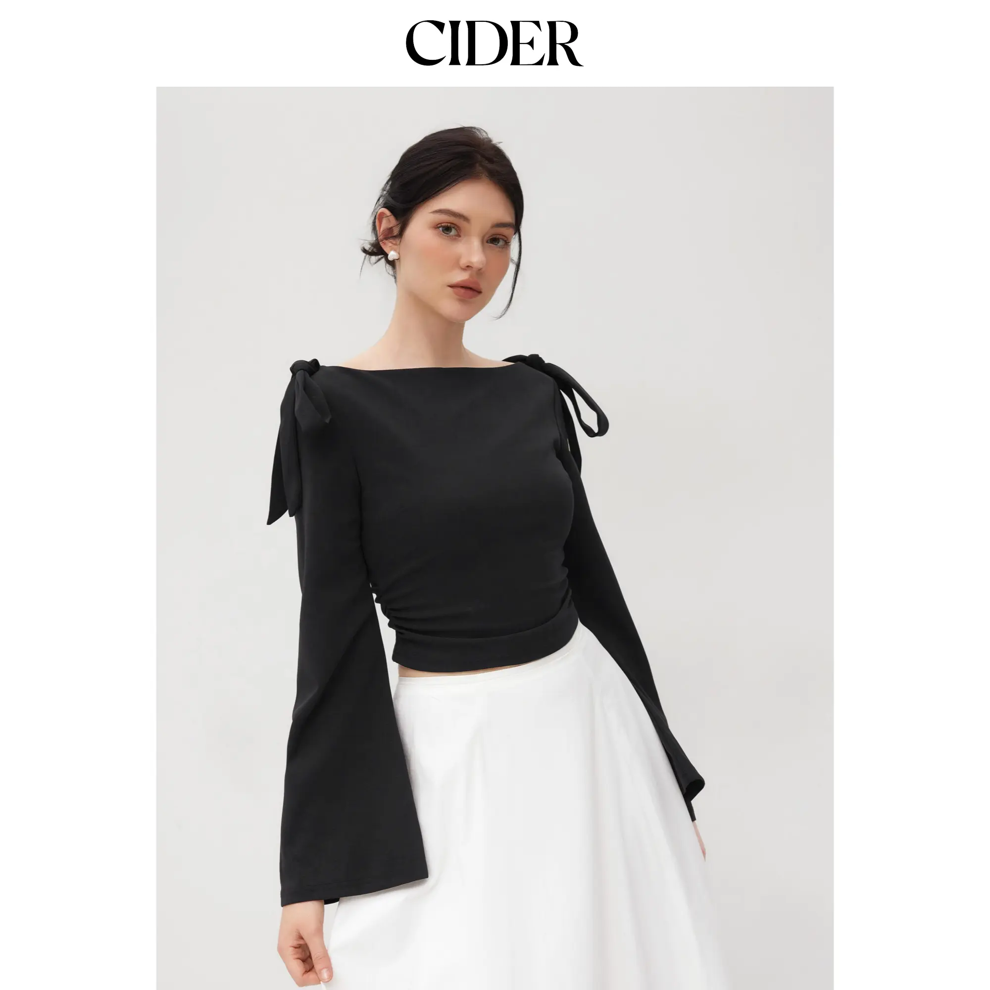 Cider Boat Neck Bowknot Ruched Long Sleeve Top SummerFinds