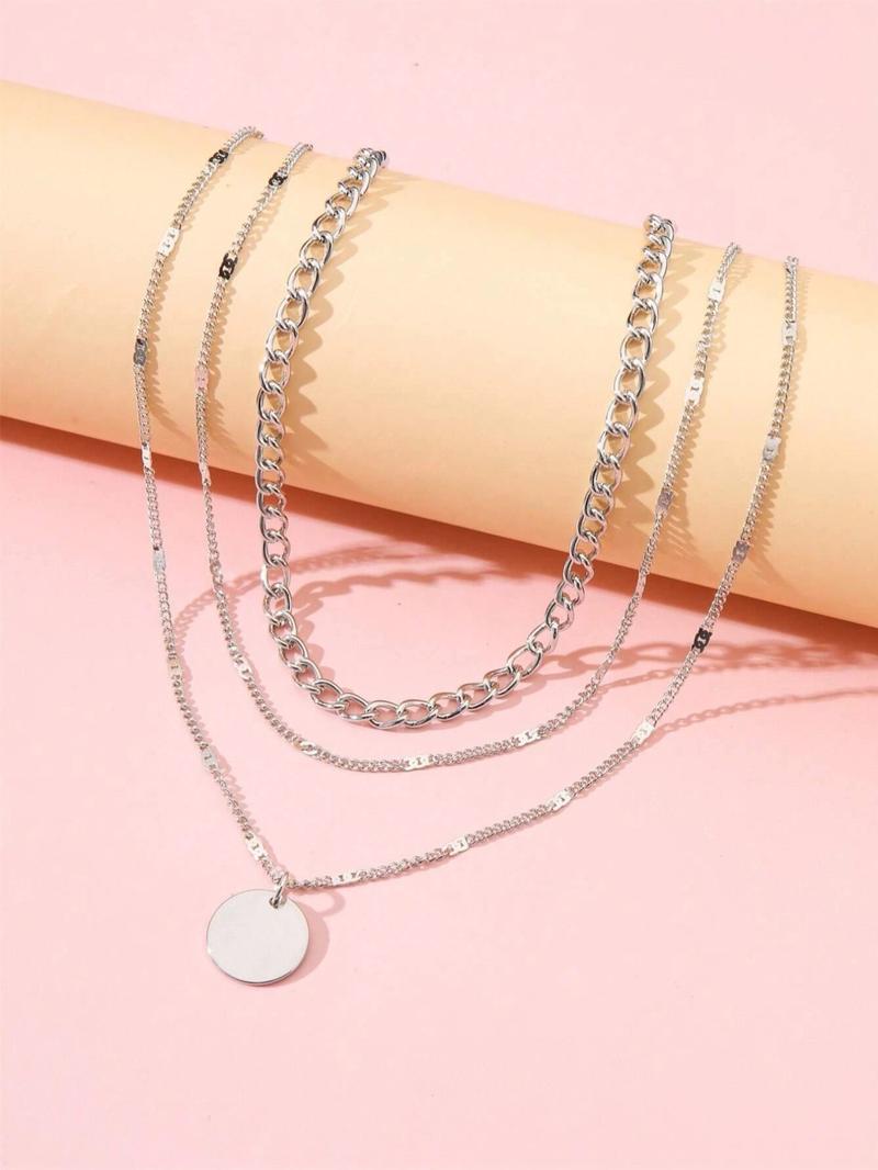 Women's Summer 2024 Plain Round Decor Layered Necklace, Dainty Layering Jewelry, Minimalist Elegant Boho Style Geometric & Chain Design Layer Set Necklace, Fashion All-match Necklace