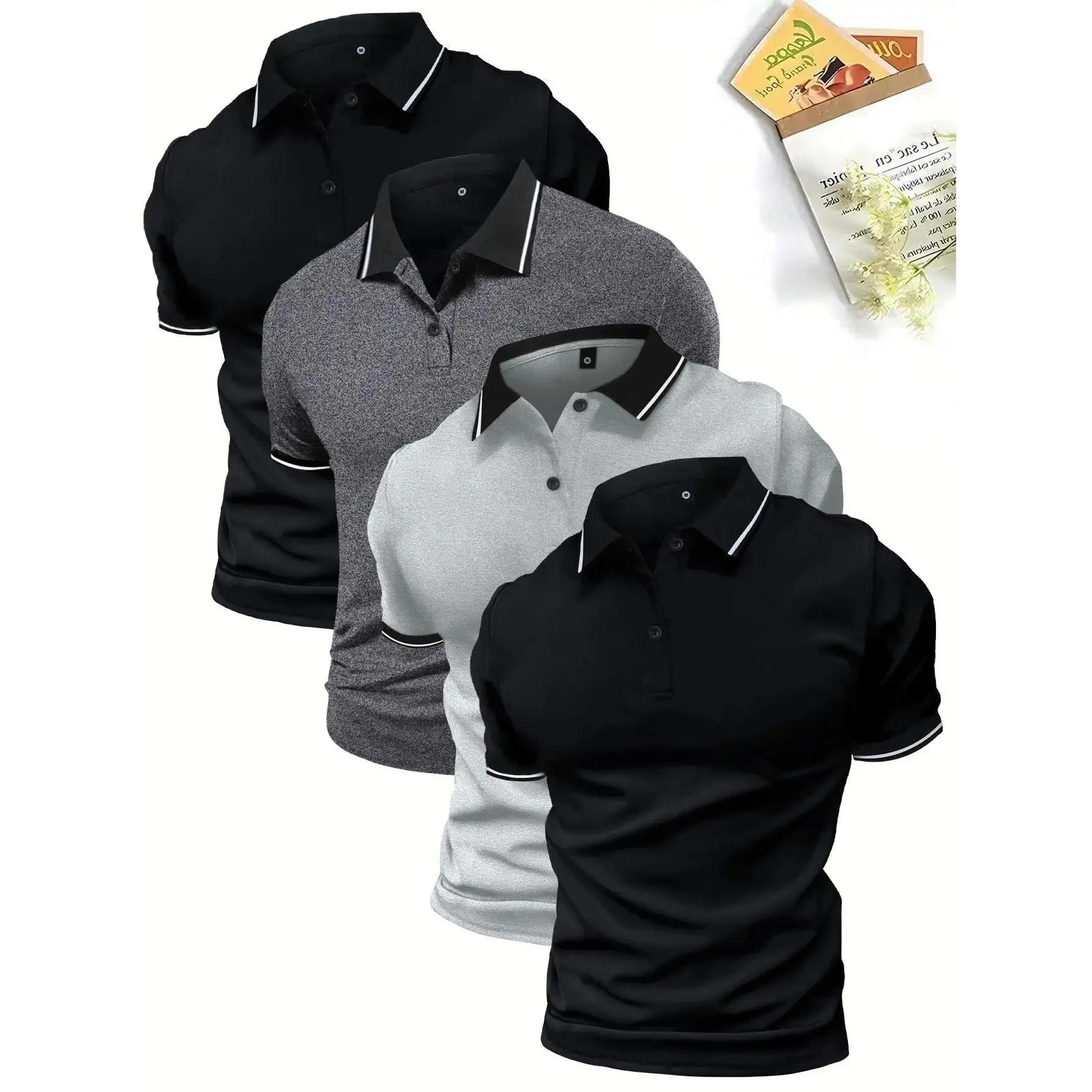 Men's Casual Polo Shirts 4-Pack, Tropical Stretch Polyester Knit Fashion Tops, Short Sleeve Button Collar Menswear for Summer Office, Stylish, Breathable Polo Shirts, Collared Polo Shirts