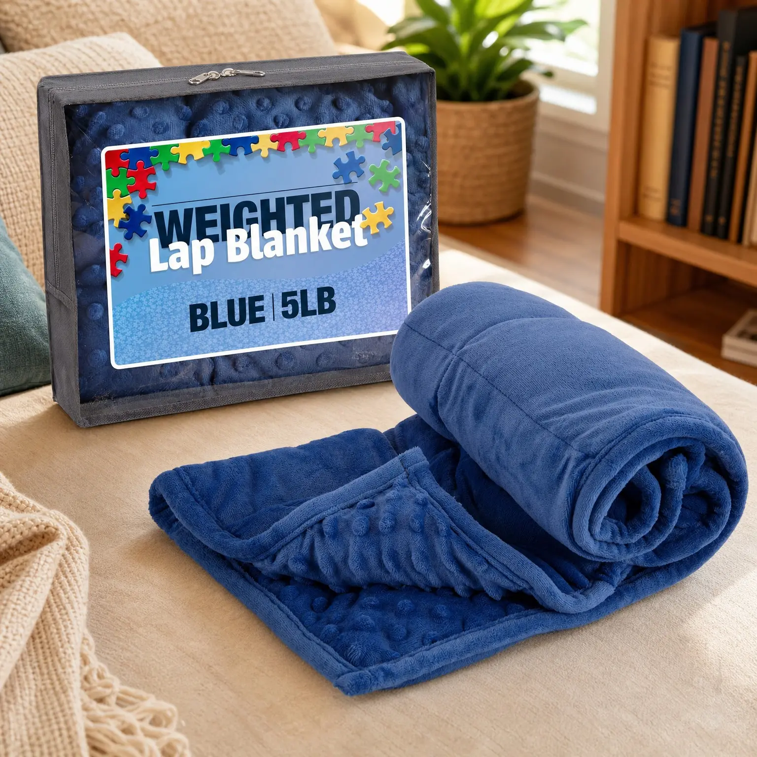5lb Weighted Blanket for Kids - Blue, 19x22 Inch Plush Minky Weighted Lap Pad with Travel Bag for Ages 4+Gift