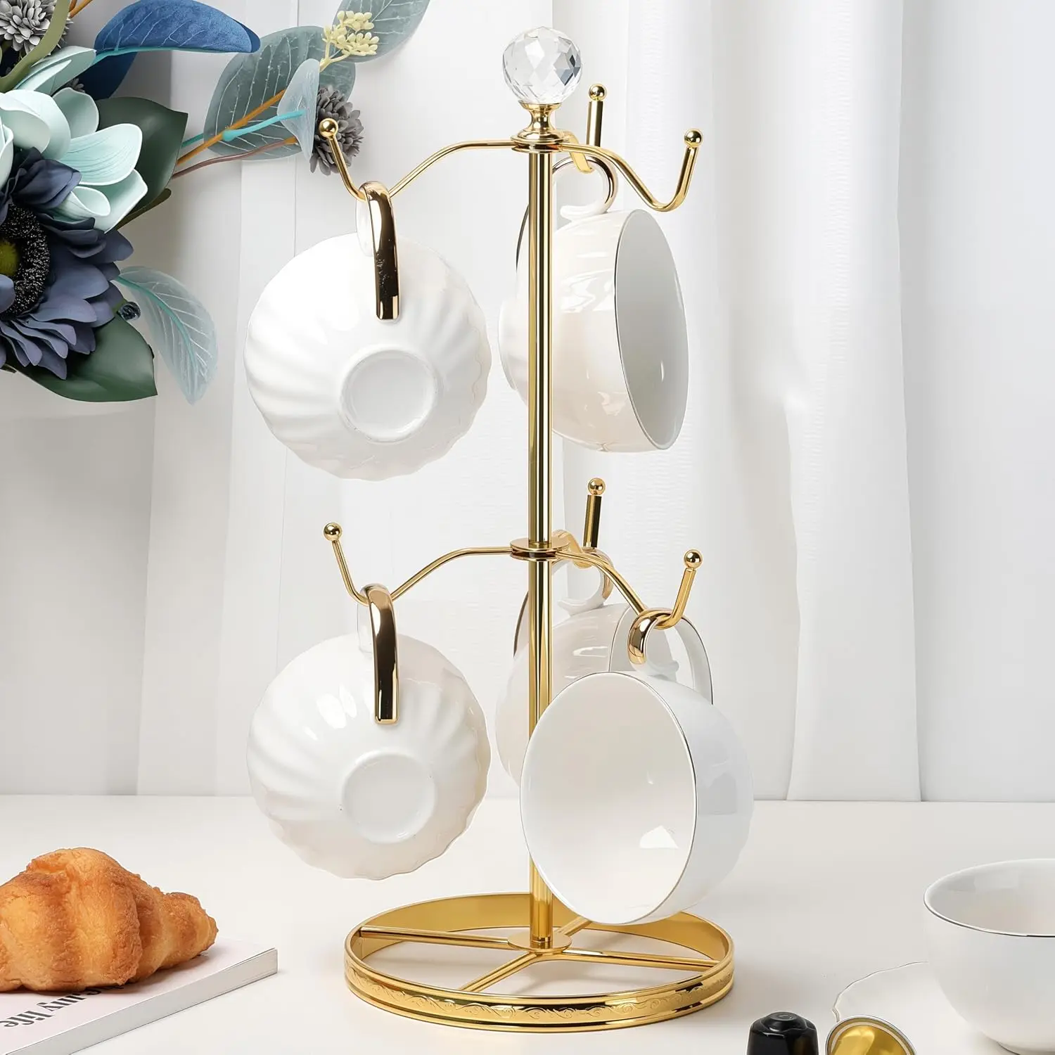 Mug Tree Coffee Cup Holder for Counter Top 6 Hooks() | Double Tier Metal Mug Tree for Counter with  Ball for Small-Space,Mug Stand Tree Countertop with Patterned Base Rim