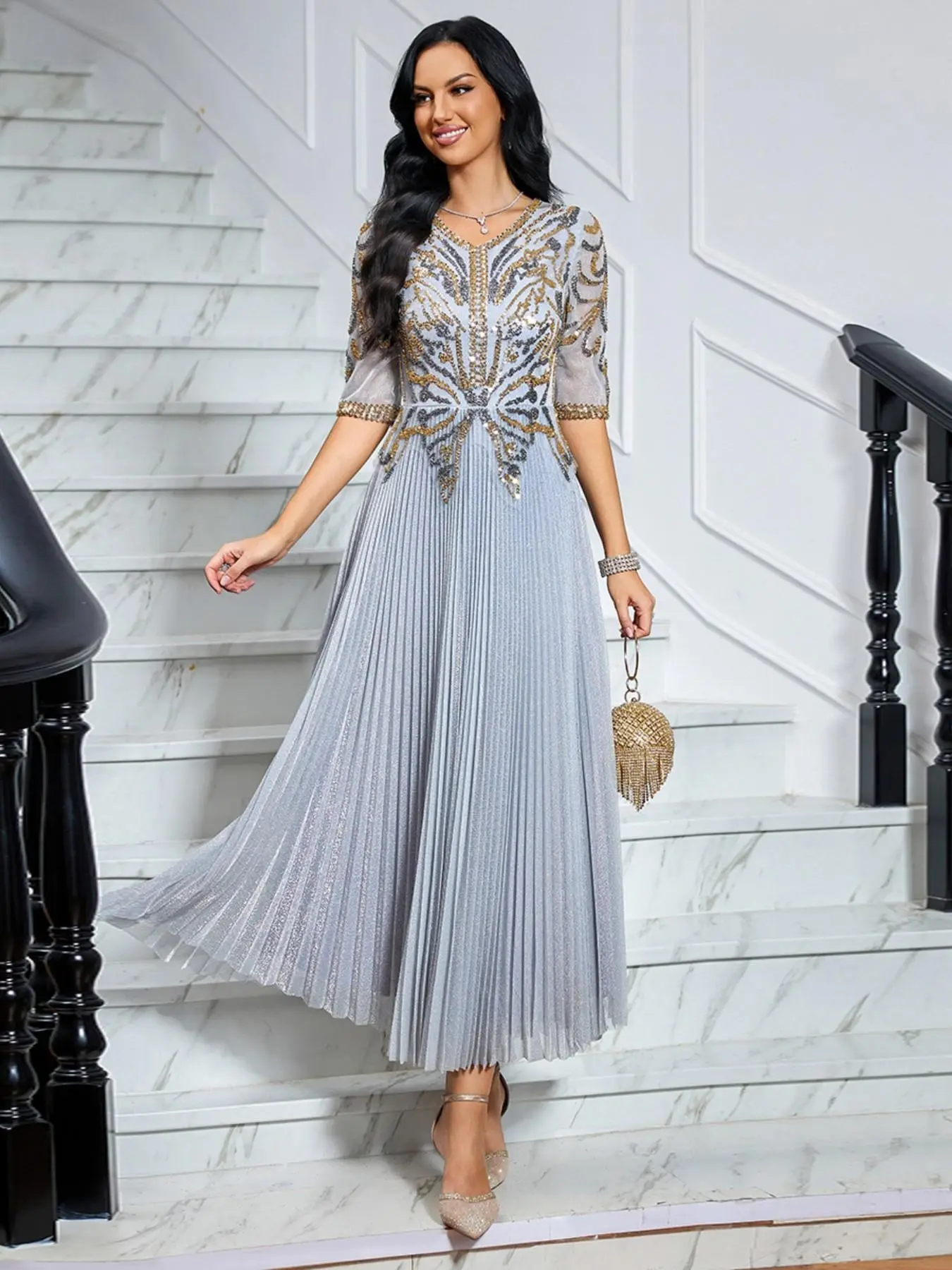 JINLICX Elegant Sequin Glitter Butterfly Pleated Midi Evening Gown for Women, 3/4 Sleeve Formal Wedding Guest Cocktail Party Dress Light Grey CX26