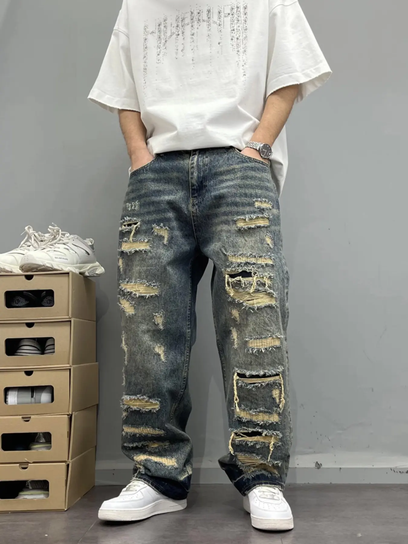 Yeboun Men's Vintage Distressed Jeans, Multi-Layer Ripped Hem, Streetwear Loose Fit Ankle-Length Pants, All-Season Casual Style