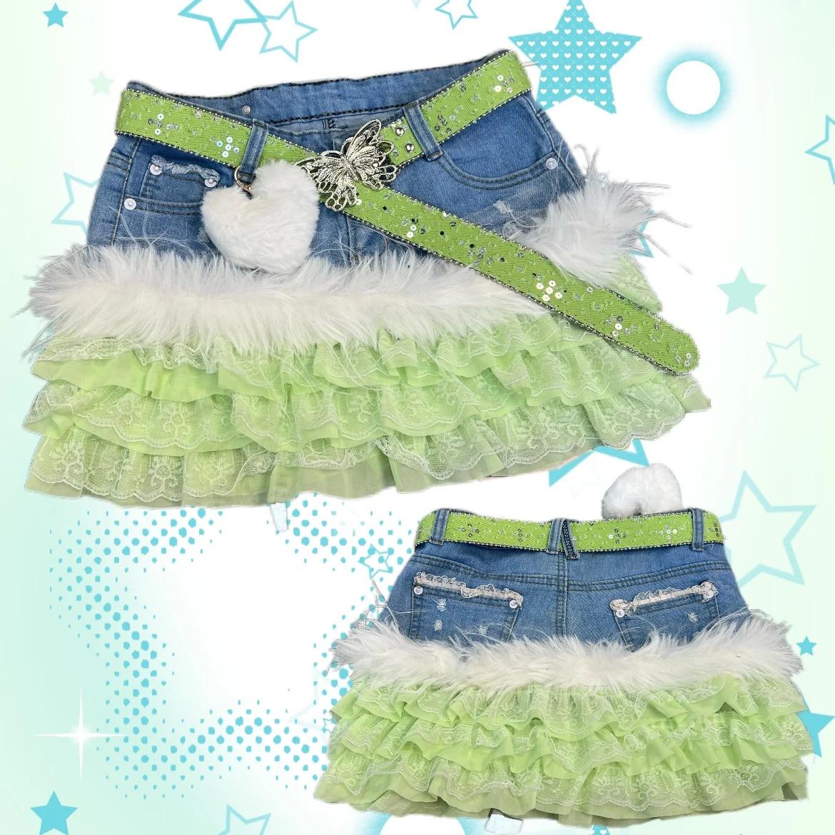 Original Y2K Vintage Low Waist Lace Trim Kitty Short Skirt Cute Millennium Handmade Cake Skirt Girls Sweet Style Denim Fabric