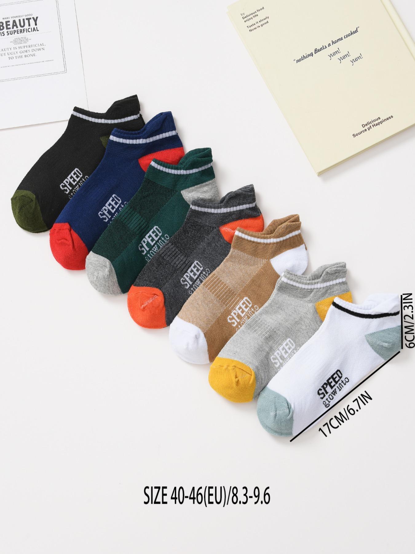 Men's 7 Pairs Colorblock Letter Print Ankle Socks, Knit Crew Socks, Casual Comfy Socks For Men Daily Wear