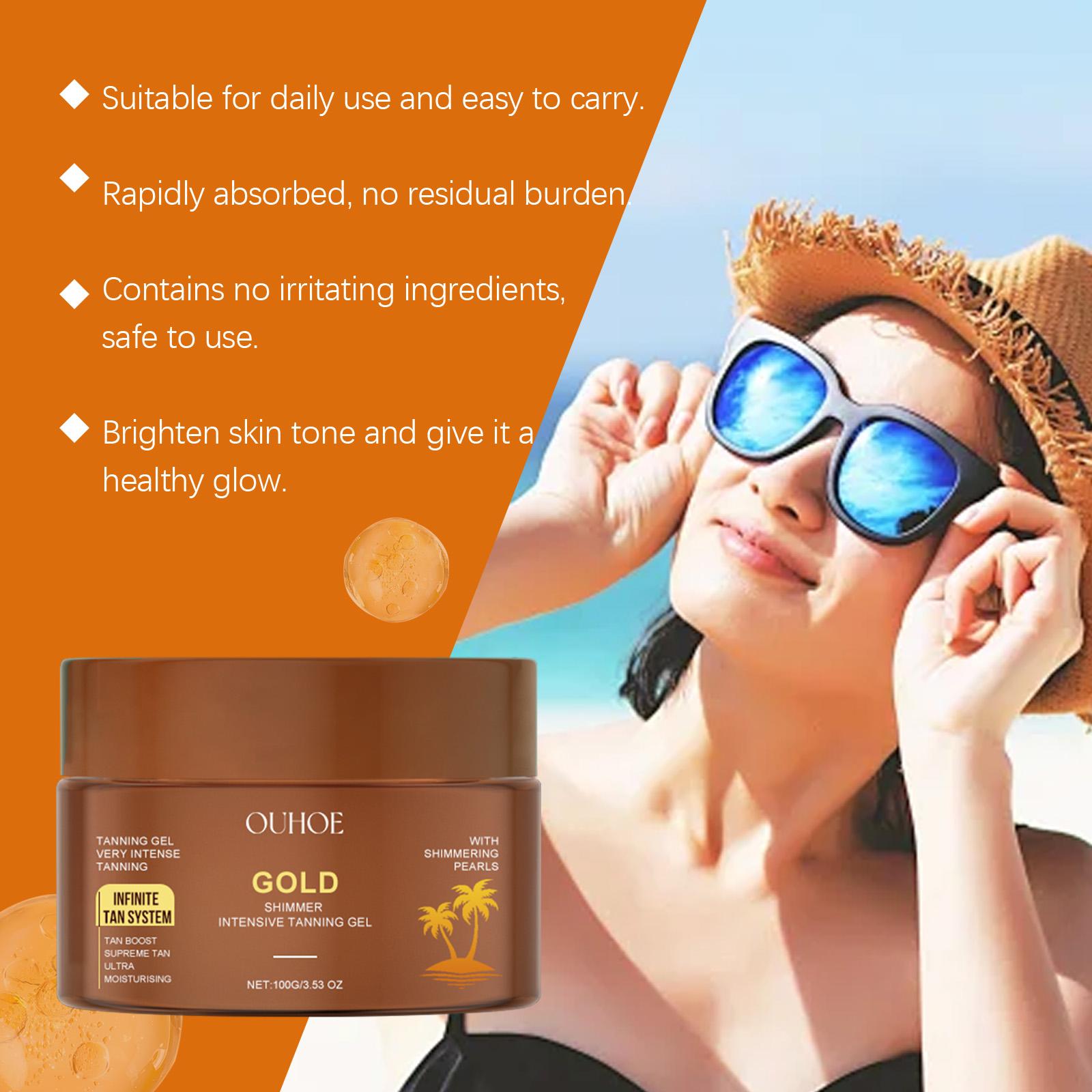 OUHOE Gold Shimmer Tanning Gel, Sunflower & Calendula Herbal Protection, 10-Min Quick Dry, Reduces Sun Damage, Lasting Gold Luster for Radiant Skin, All Skin Types Intensive Hydrating sunscreen self dark tanglow bronzing agent balm