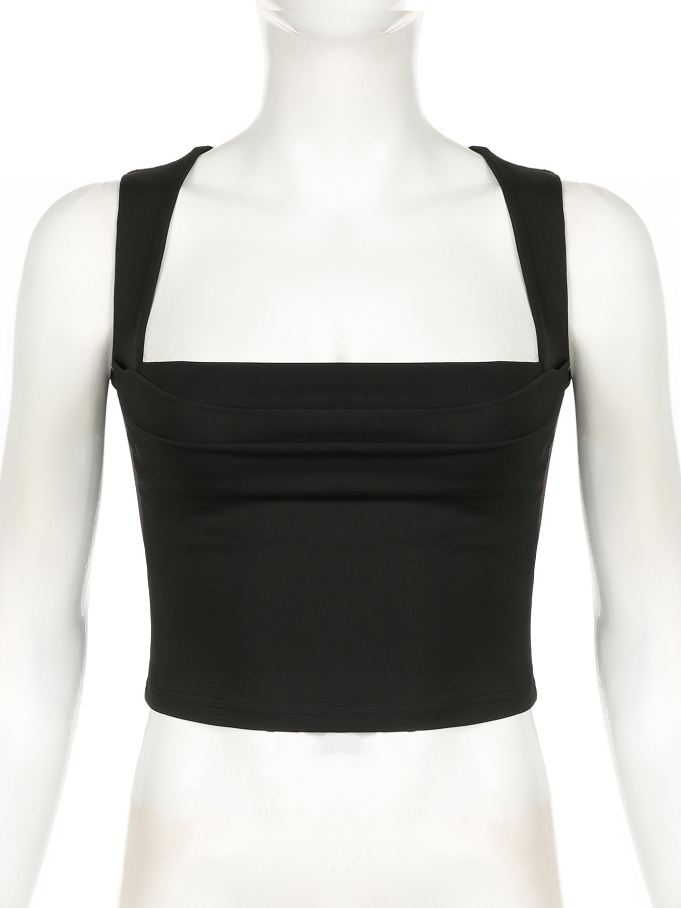 Women's Plain Ruched Square Neck Crop Tank Top, Casual Sleeveless Cropped Top for Fall, Minimalist Basic Short Tops, Ladies Clothes for Daily Wear, Summer Top