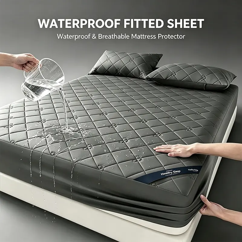 Neutral Tone Diamond Quilted Waterproof Fitted Sheet, Stain Resistant Smooth Stretch Deep Pocket Mattress Cover for Daily Bedroom Protection