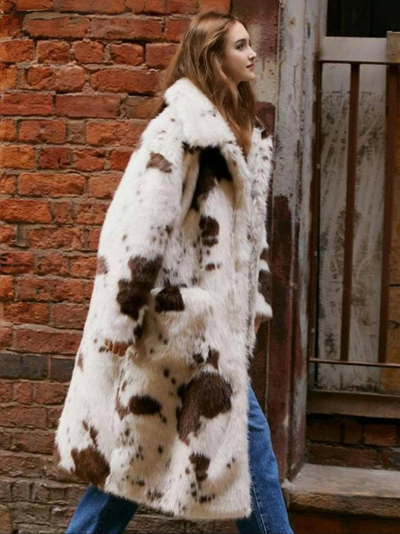 Women's Thick Fleece Faux Fur Coat with Lapel Collar, Stylish Casual Colorblock Patchwork Fitted Mid-Length Jacket for Fall & Winter, Soft Comfortable Polyester Outerwear