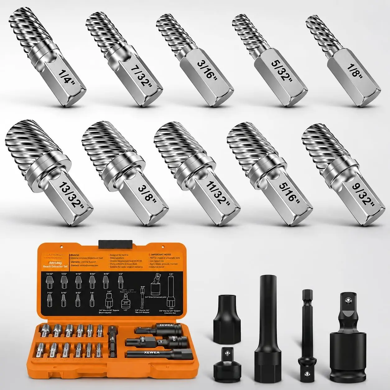15 count Bolt Screw Extractor Set, Upgrade Long Slim CR-MO Multi Spline Easy Out remover Tool Kit, 1/4" Hex  Design for Tight & Deep Spaces, Removes Stripped, Broken, Rusted, Rounded Studs