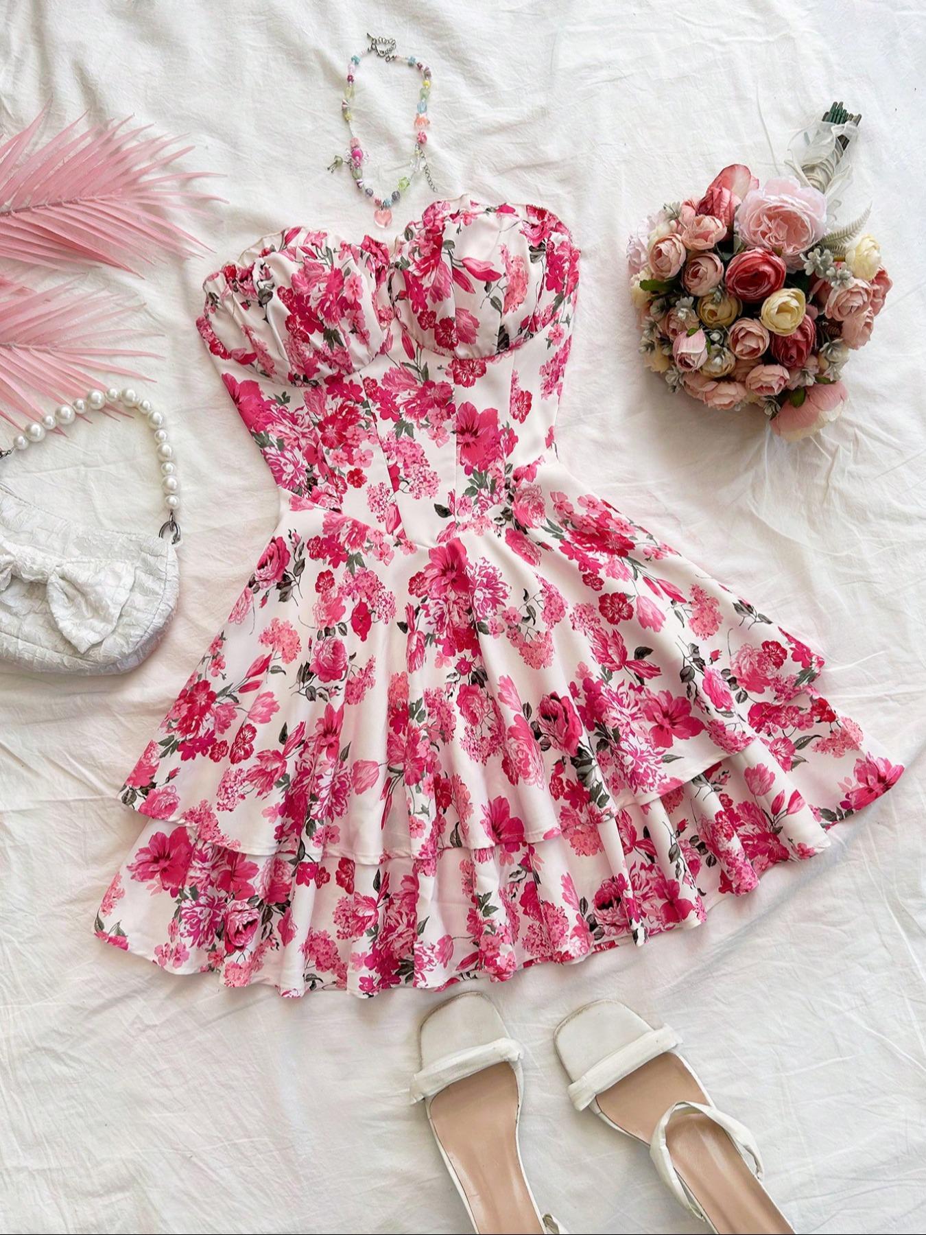 Women's Boho Floral Ruffle Floral Print Shirred Tiered Layer Dress, Boho A Line Dress for Beach Holiday Vacation, Ladies Summer Clothes