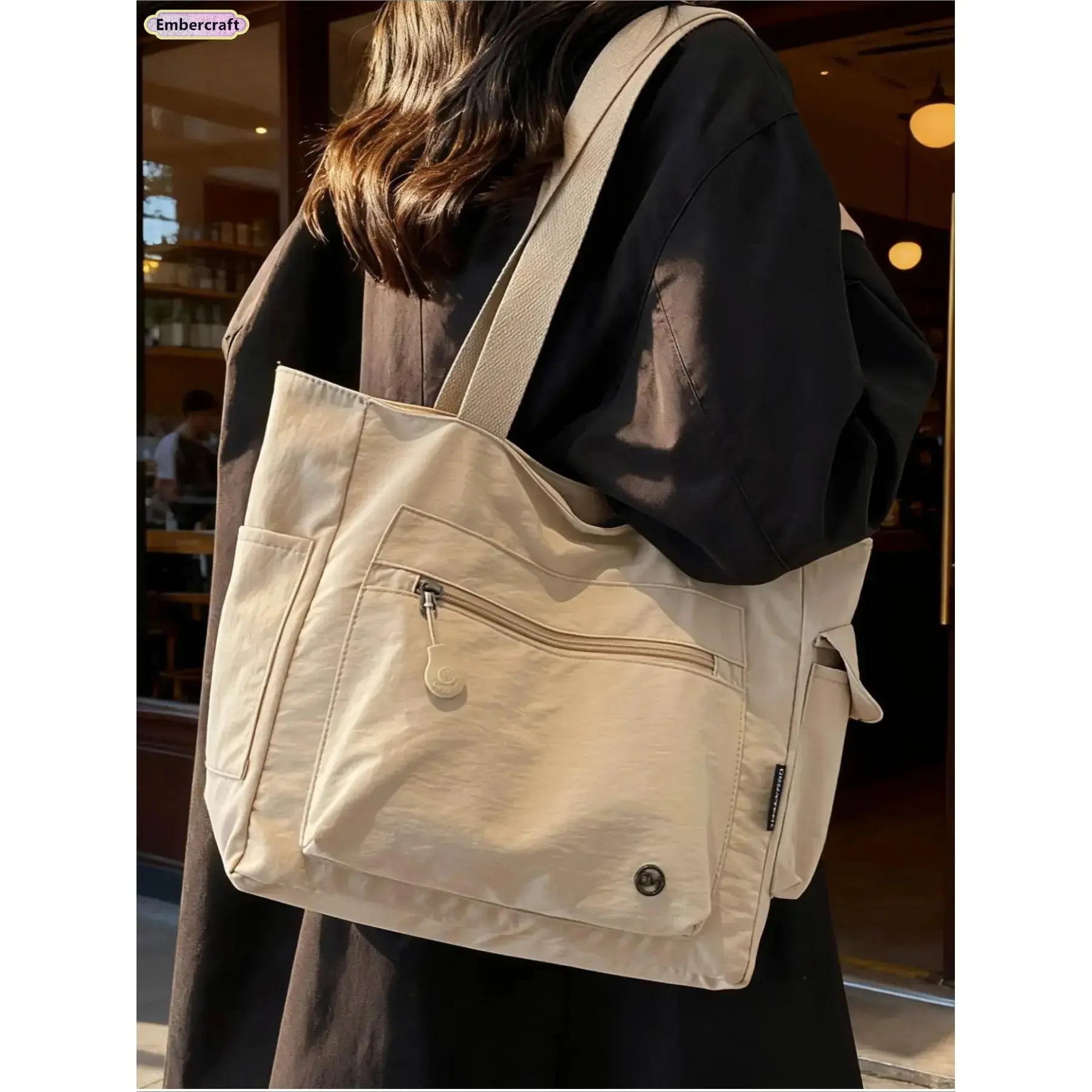 Japanese-inspired Large Capacity Canvas Tote Bag for Women & Students – Aesthetic Minimalist Work & School Laptop Bag, Lightweight Shoulder Handbag with Zipper Closure, Everyday Commuter, Travel & Shopping Book Tote, Tote Bags, Everyday Purse