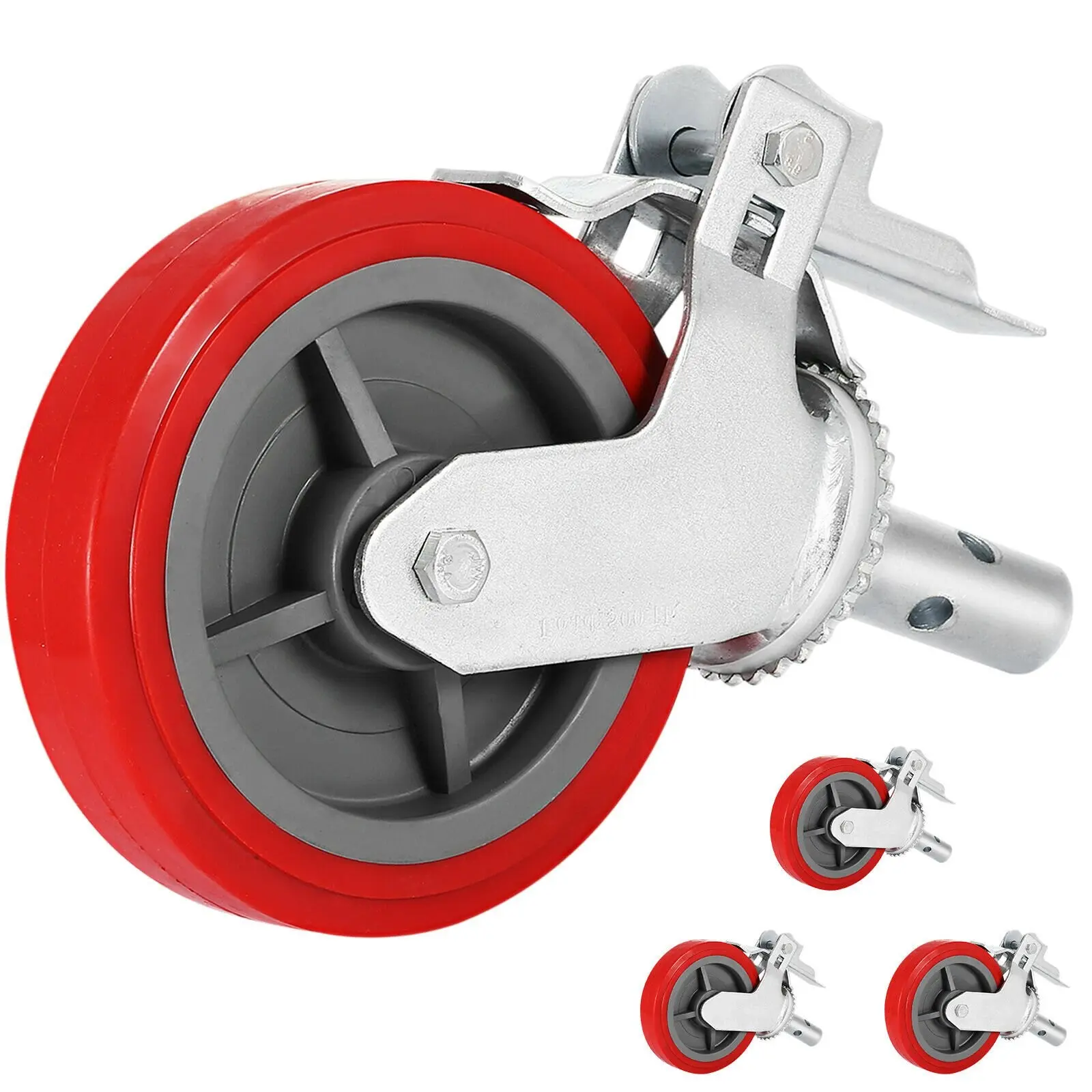 Scaffolding Wheels Set Of 4, 8-Inch Heavy Duty Casters, 3200 Lbs Per Set Capacity, Locking Stem Casters With Brakes, Red Polyurethane Wheels, Replacement For Scaffolds, Shelving, Workbenches