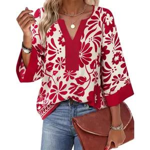 Women Blouses Dressy Casual 3/4 Sleeve V Neck Floral Loose Fit Tunic Tops