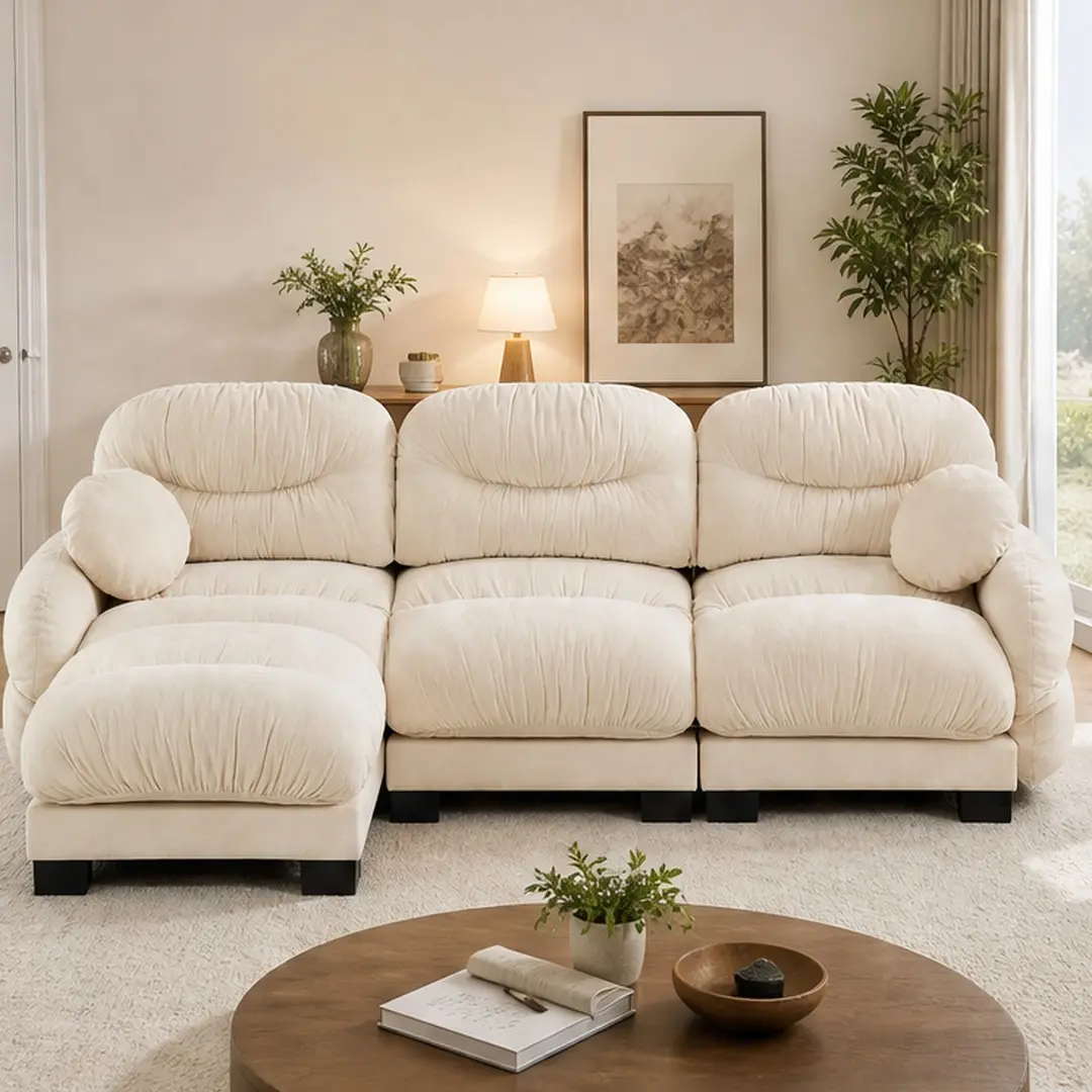 ARCH Durable L-Shape Extendable Modular Chenille Sectional Sofa Set (2-3 Seater) with Ottoman, Cushion, Curved Armrests, Ergonomic Seat & Backrest, Pleated Backrest, 2 Throw Pillows, All-Seasons Beige Indoor Living Room Furniture for Lounging, Reading, Cl