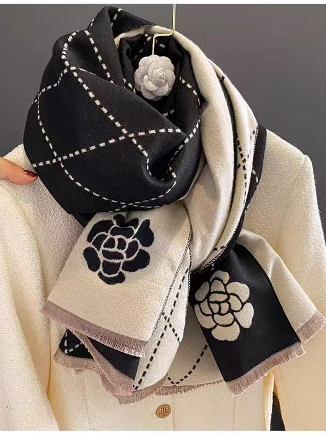 Women's High-End Light Luxury Camellia Imitation Cashmere Scarf, Fashion Evening Shawl, Elegant Soft Warm Winter Accessory, Floral Pattern Shawl