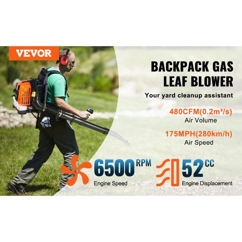 VEVOR Backpack Leaf Blower, 52CC 2-Cycle Leaf Blower with 1.37L Fuel Tank, 480CFM Air Volume 175MPH Speed, Ideal for Lawn Care, Leaf Cleaning, and Snow Removal