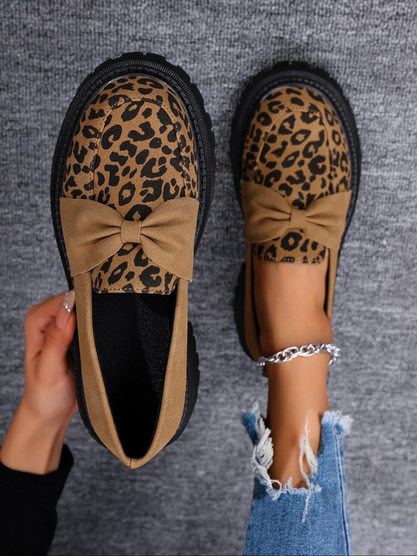 Women's Fashion Leopard Print Bowknot Design PU Leather Loafers, Casual Comfortable Slip on Shoes for Daily Wear, Lightweight Breathable Shoes for All Seasons